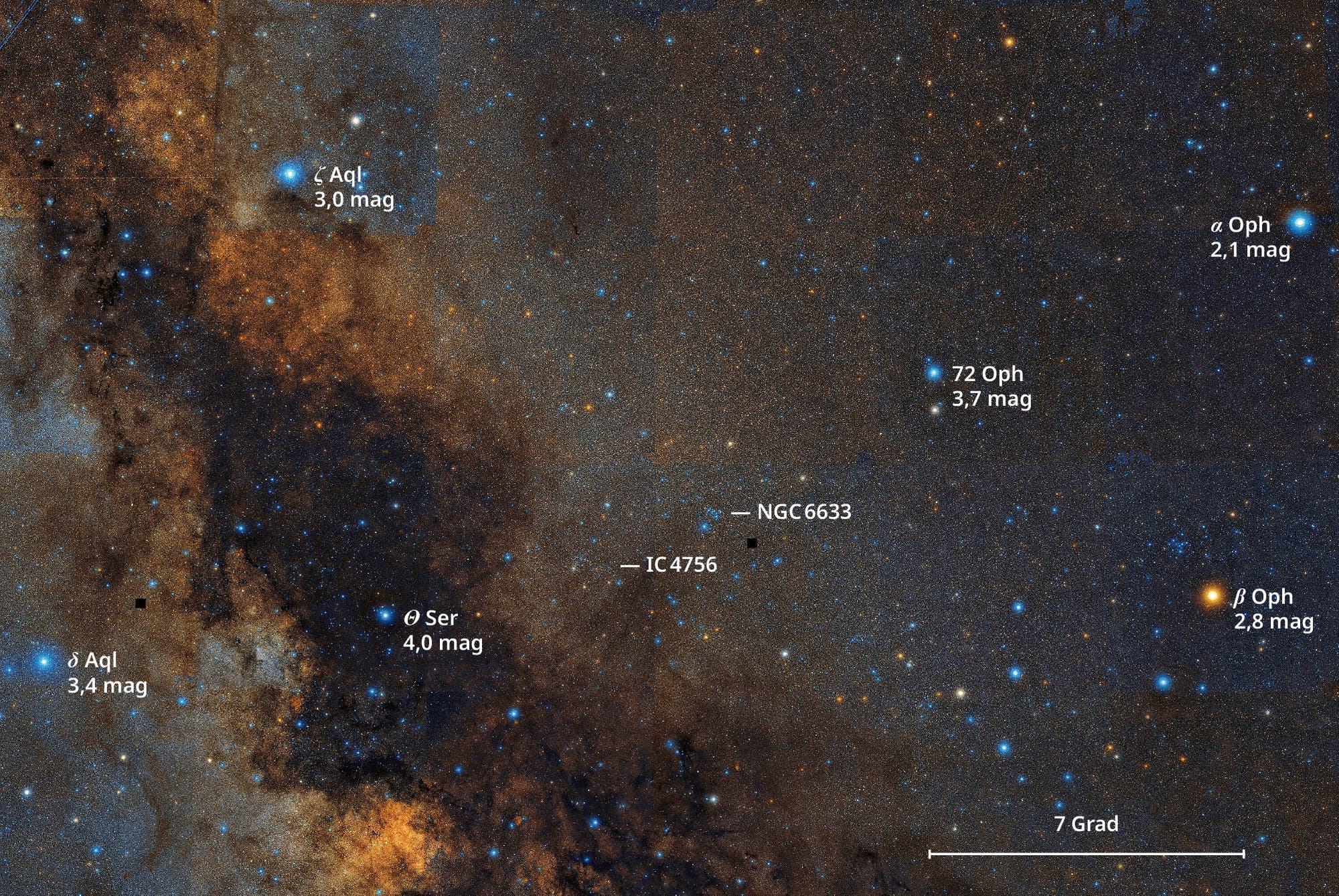 Die benachbarten offenen Sternhaufen IC 4756 und NGC 6633 unterscheiden sich deutlich voneinander.