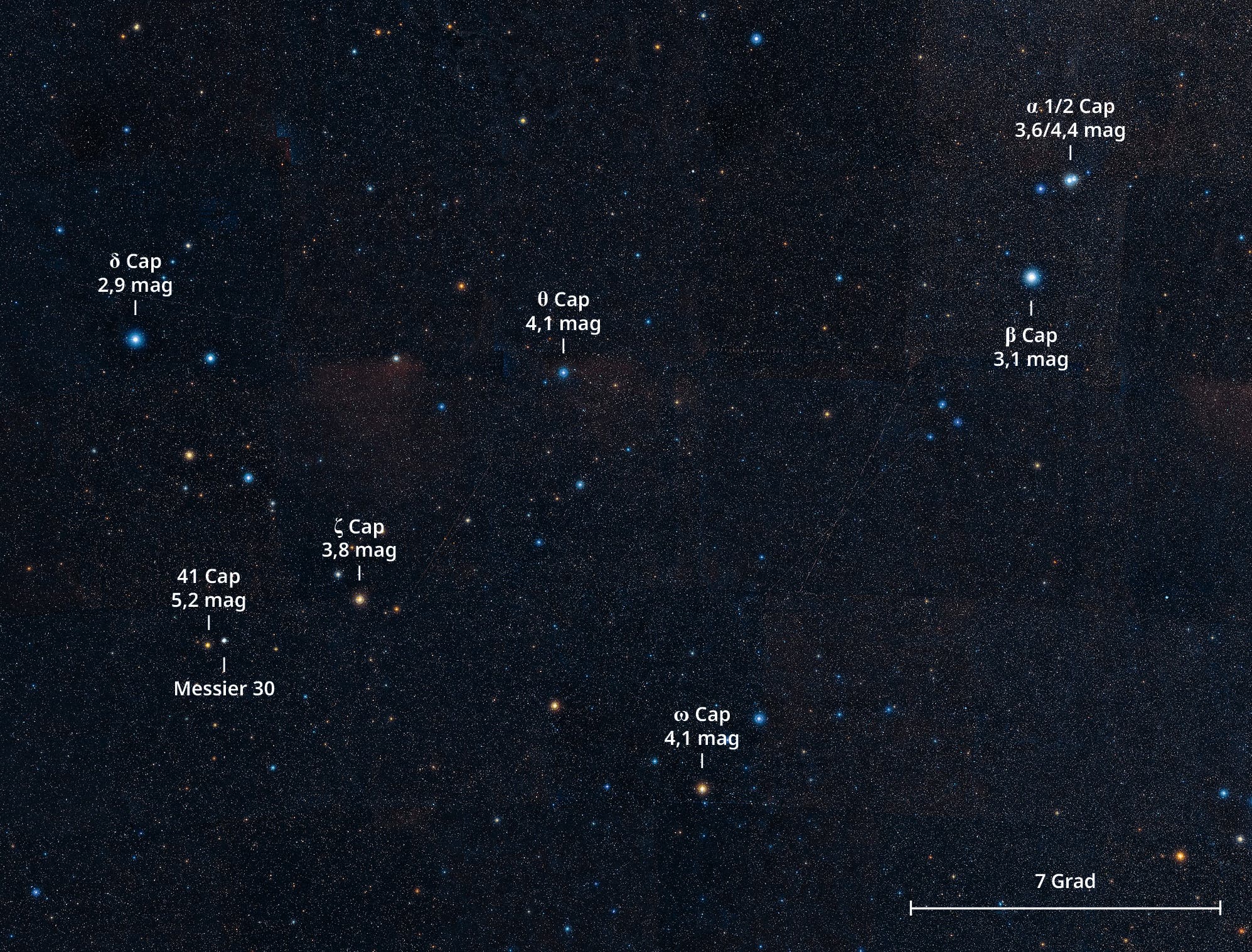 Himmelsausschnitt aus dem Sternbild Steinbock, in dem sich der Kugelsternhaufen Messier 30 befindet. 