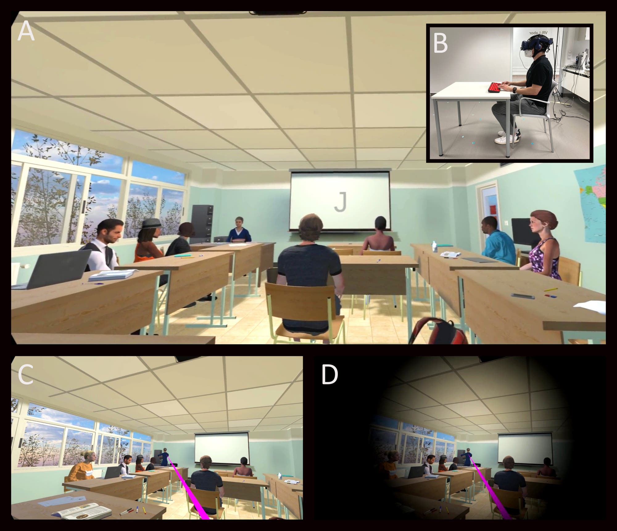 Eine 3-D-Darstellung eines Klassenzimmers mit mehreren Schülern, die an Tischen sitzen und auf eine Leinwand mit dem Buchstaben "J" blicken. In der oberen rechten Ecke ist ein Bild eines Menschen mit einer VR-Brille, der an einem Tisch sitzt. Die unteren Bilder zeigen verschiedene Perspektiven des Klassenzimmers, eine mit einem pinken Pfeil, der auf die Leinwand zeigt, und eine mit einem kreisförmigen Sichtfeld, das den Raum fokussiert. Die Szene vermittelt den Einsatz von Virtual Reality in einer Lernumgebung.