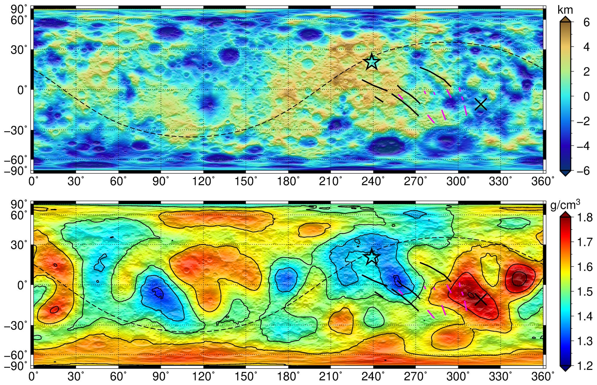 Topographie und Oberflächendichte von Ceres