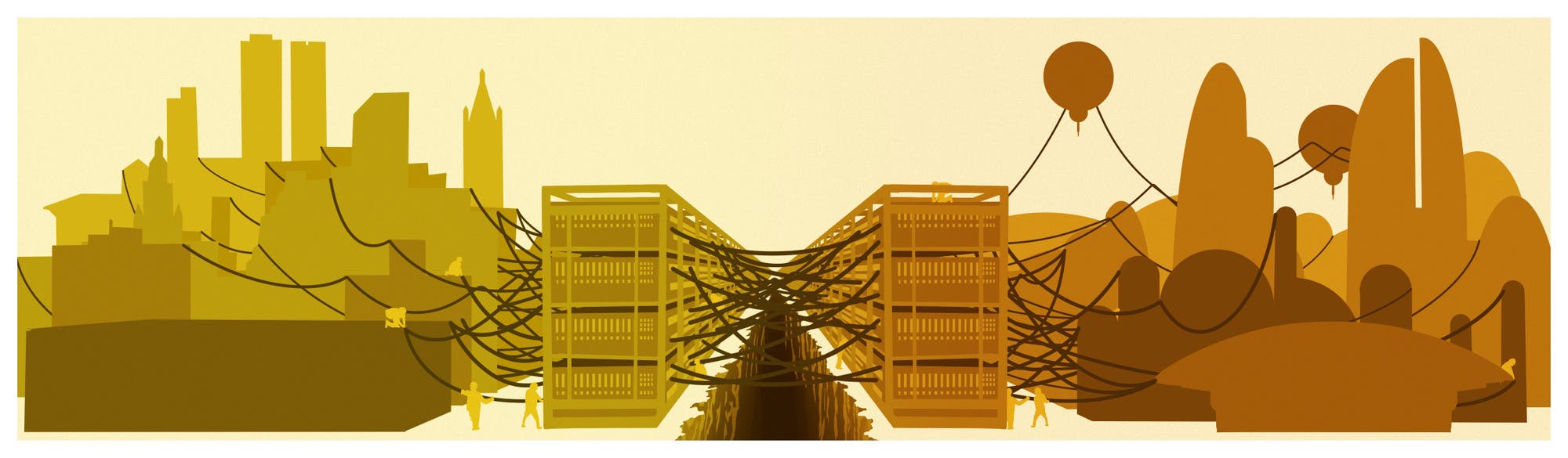 Illustration einer stilisierten Stadtlandschaft in Gelb- und Brauntönen. Links sind moderne Hochhäuser zu sehen, rechts organisch geformte Gebäude. In der Mitte verbinden zahlreiche Kabel zwei große Server-Racks, die den technologischen Fortschritt symbolisieren. Die Kabel erstrecken sich in alle Richtungen, was auf Vernetzung und Kommunikation hinweist. 