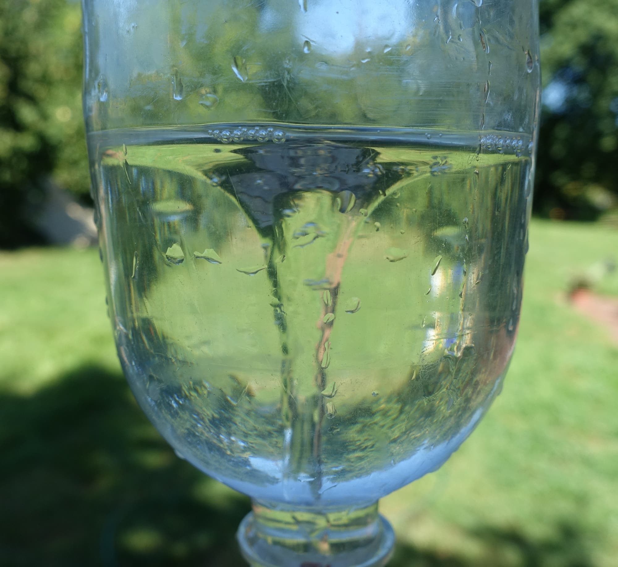In einer kopfüber gehaltenen Flasche ist ein Wirbel sichtbar. Der Hintergrund zeigt eine unscharfe grüne Landschaft.