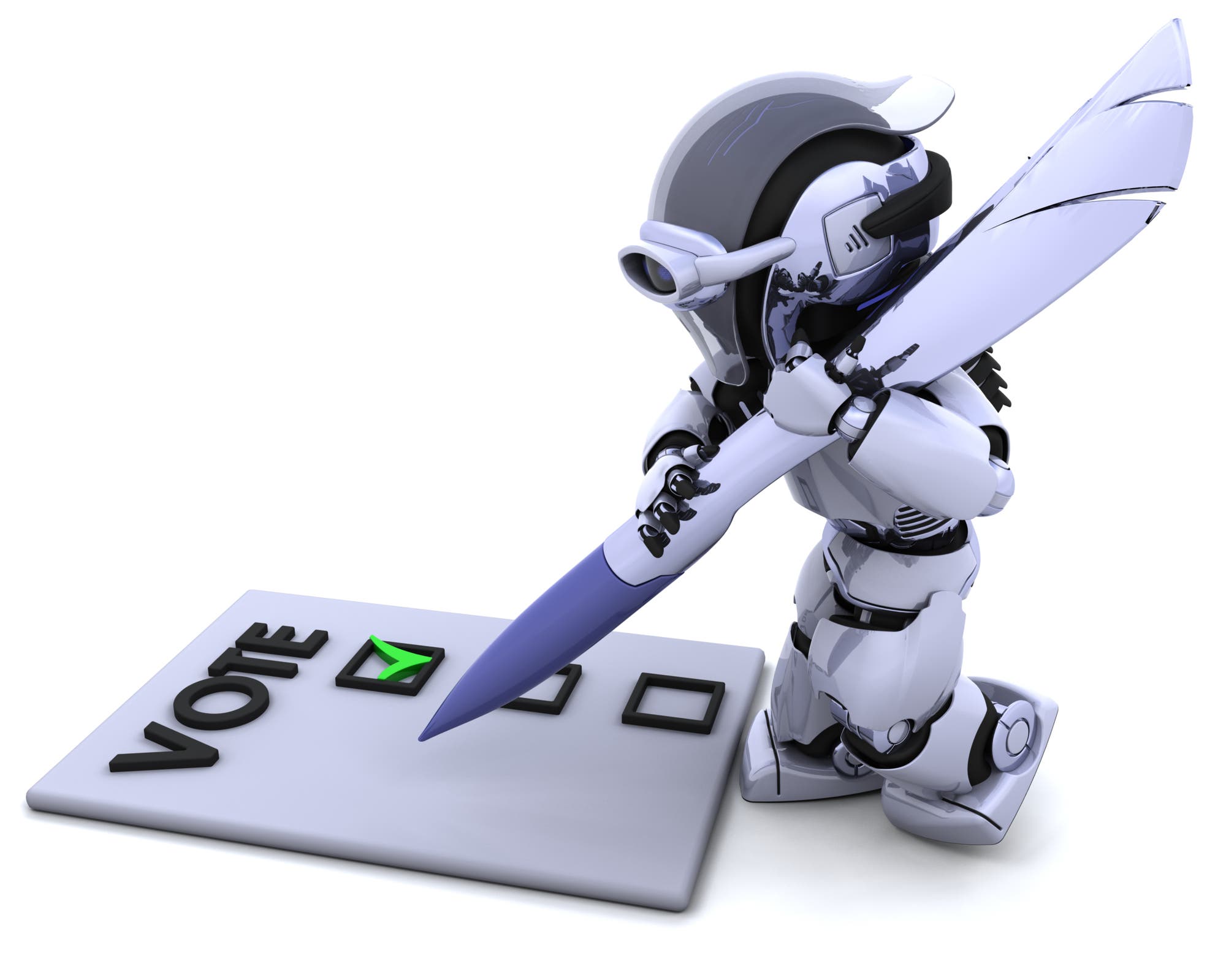 Ein niedlicher Roboter füllt mit einer riesigen Feder einen Stimmzettel aus
