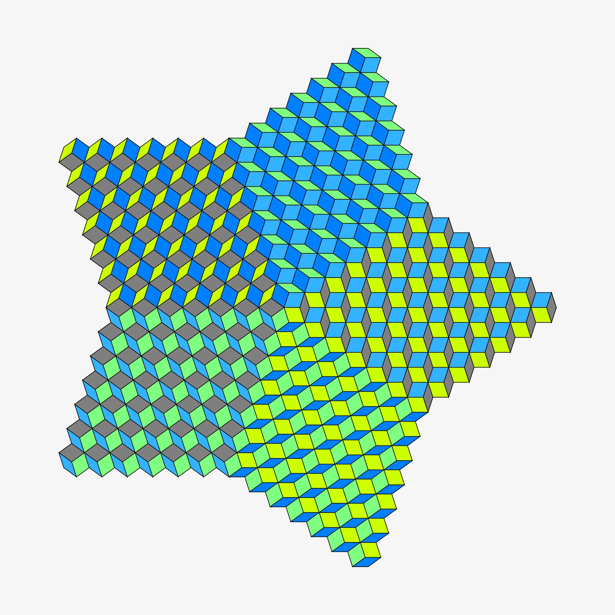 Eine 3D-Darstellung zeigt ein sternförmiges Muster aus farbigen Würfeln. Die Würfel sind in verschiedenen Blautönen, Gelb und Grün gehalten und bilden ein sich wiederholendes, geometrisches Muster. Die Anordnung der Würfel erzeugt eine optische Illusion von Tiefe und Dimension. Das Bild veranschaulicht Konzepte der räumlichen Geometrie und Symmetrie.
