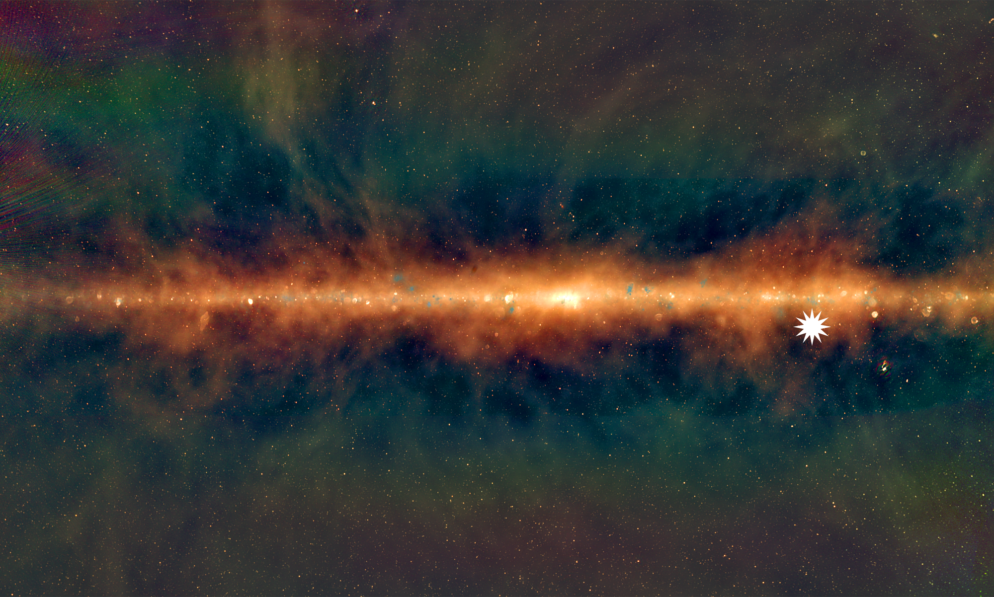 Dieses Bild zeigt eine neue Ansicht der Milchstraße vom Murchison Widefield Array, wobei die niedrigsten Frequenzen rot, die mittleren Frequenzen grün und die höchsten Frequenzen blau sind. Das Sternsymbol zeigt die Position der mysteriösen Radioquelle.
