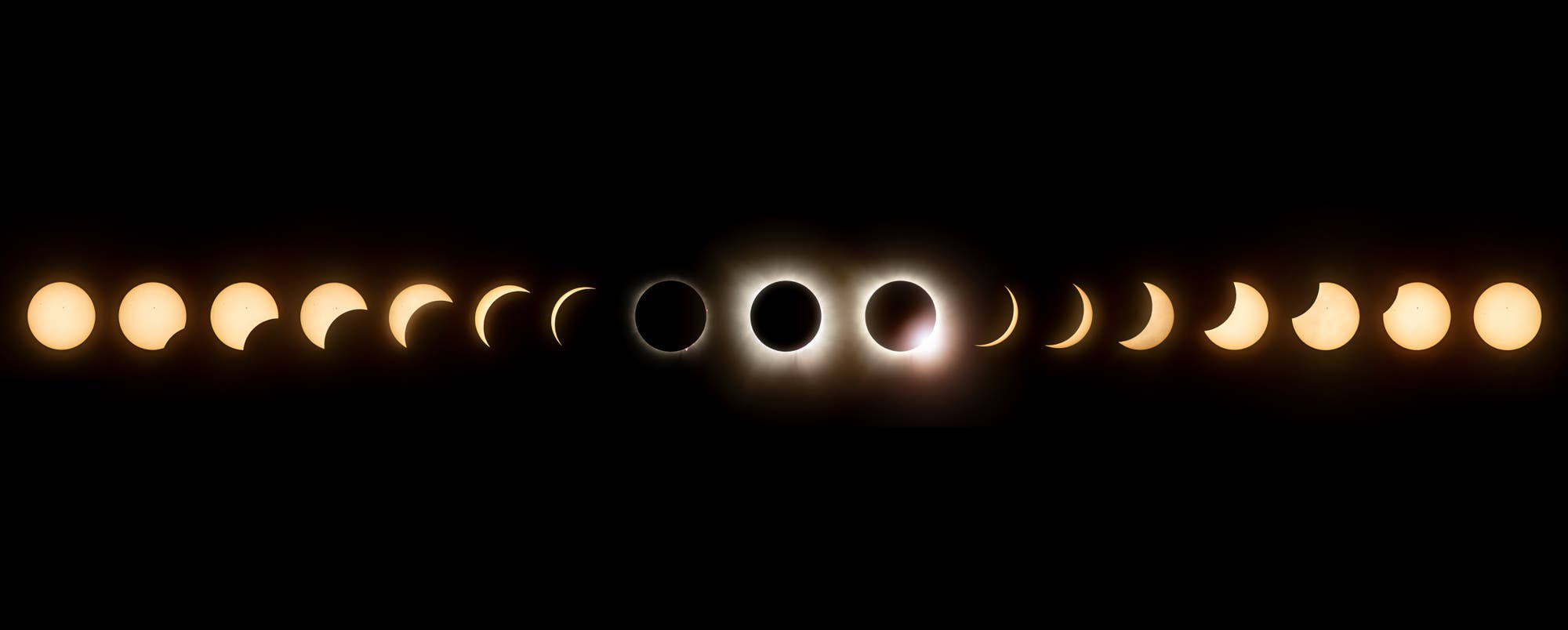 Kompositbild von 17 Einzelaufnahmen, bei denen der Mondschatten allmählich die Sonne bis zu einer totalen Finsternis verdeckt und wieder frei gibt