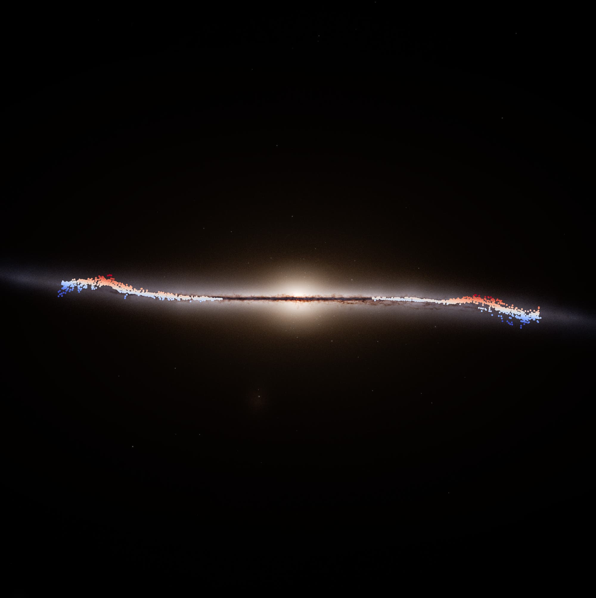 Eine wissenschaftliche Abbildung zeigt die Seitenansicht einer Galaxie im Weltraum. Die Galaxie erscheint als dünner, leuchtender Streifen mit einem hellen Zentrum, das von einem diffusen Licht umgeben ist. Auf beiden Seiten des Streifens sind farbige Punkte in Blau und Rot zu sehen, die möglicherweise Sterne oder andere astronomische Objekte darstellen. Der Hintergrund ist schwarz, was den Kontrast zur Galaxie verstärkt. Diese Darstellung könnte zur Untersuchung der Struktur und Verteilung von Sternen in der Galaxie dienen. Schlüsselwörter: Galaxie, Weltraum, Sterne, Astronomie.