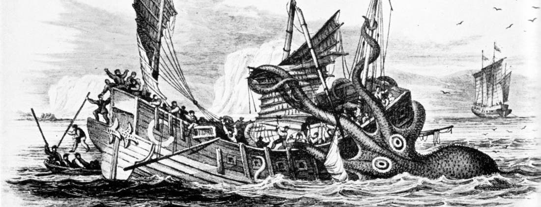 Riesenkalmar attackiert Handelsschiff, von Pierre Denys de Montfort