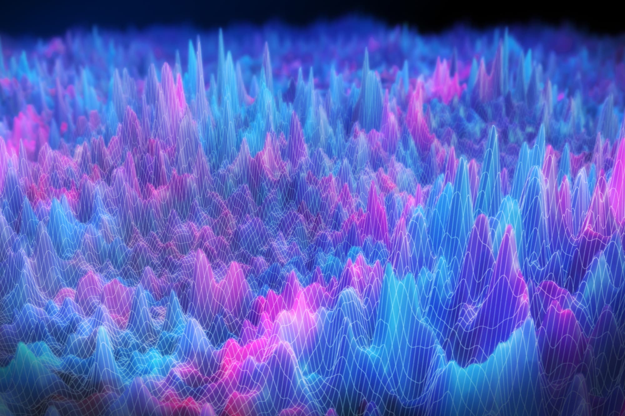 Eine 3D-Darstellung zeigt eine farbenfrohe, wellenartige Landschaft mit Spitzen und Tälern. Die Oberfläche ist mit einem Netz aus weißen Linien überzogen, das die Struktur betont. Die Farben variieren von Blau über Lila bis Pink und erzeugen einen lebendigen, dynamischen Effekt. Diese Darstellung könnte zur Visualisierung von Daten oder zur künstlerischen Darstellung von topografischen oder abstrakten Konzepten verwendet werden.
