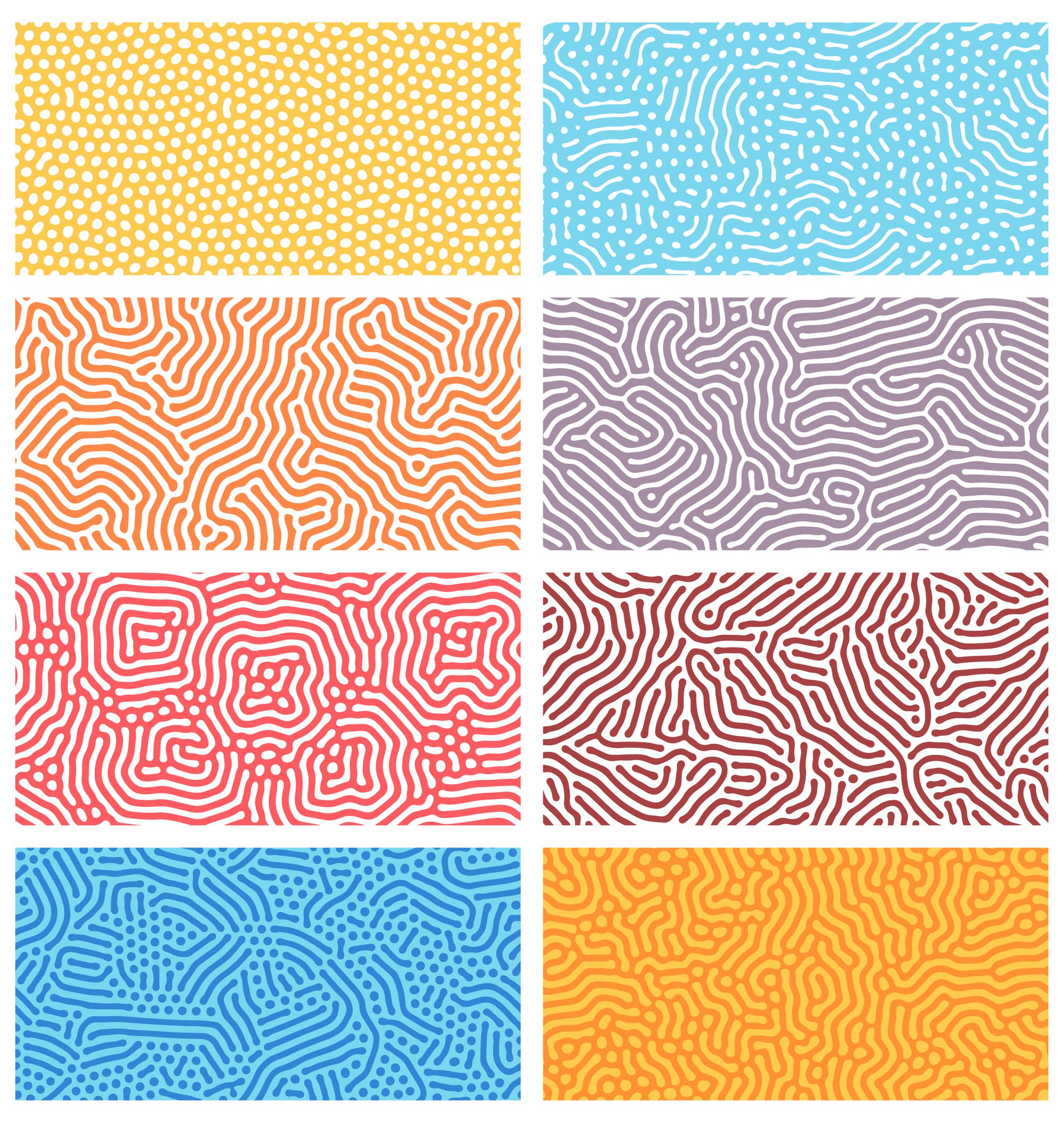 Eine Sammlung von acht rechteckigen Mustern, die in zwei Spalten angeordnet sind. Die Muster variieren in Farbe und Design: oben links weiße Punkte auf gelbem Hintergrund, daneben ein blaues Labyrinthmuster. Darunter ein orangefarbenes, wellenförmiges Muster und ein graues Labyrinth. In der dritten Reihe ein rotes, quadratisches Labyrinth und daneben ein rotbraunes, geschwungenes Muster. Unten links ein blaues, organisches Muster und rechts ein gelbes, geschwungenes Design. Jedes Muster zeigt einzigartige, abstrakte Formen und Linien.