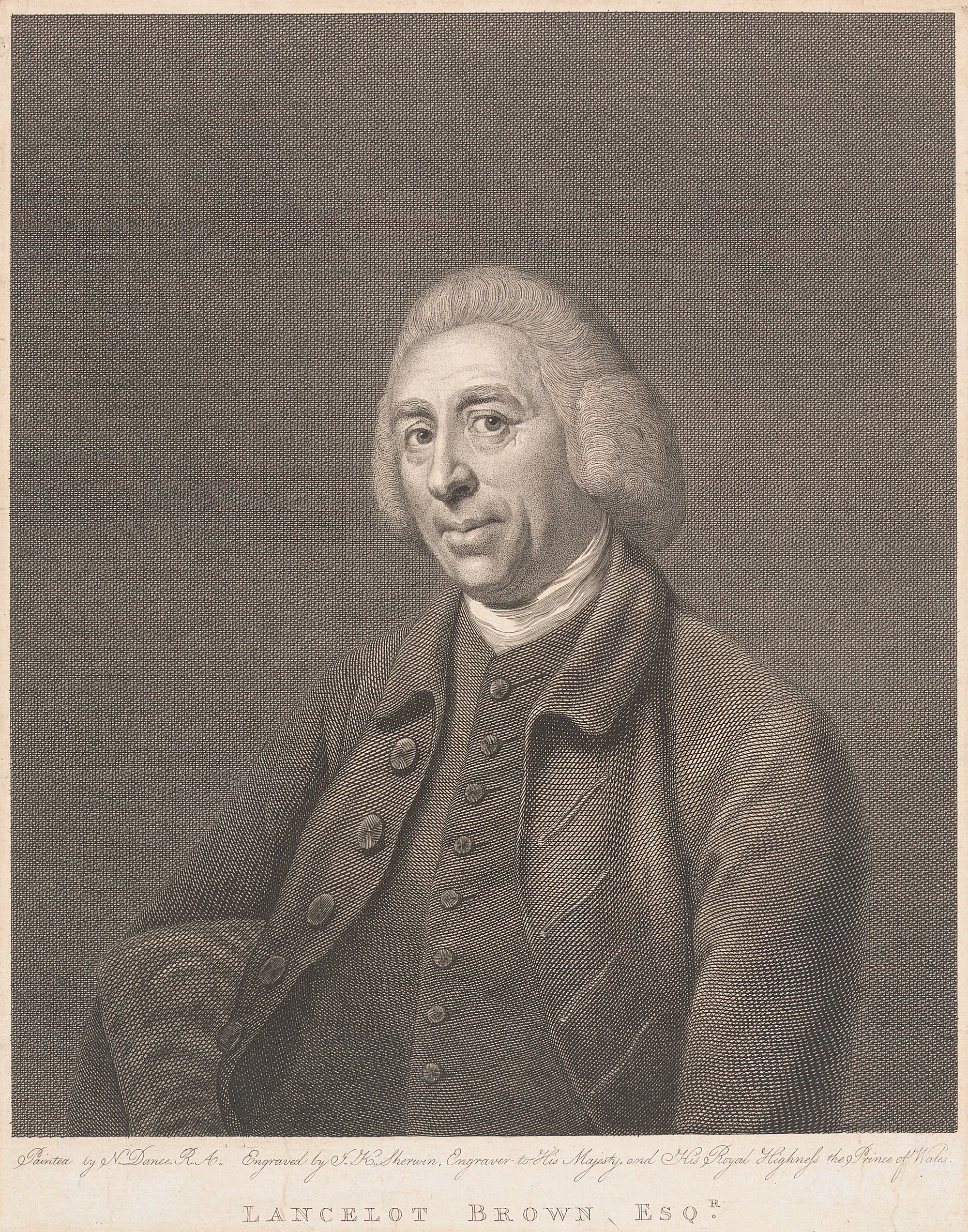 Ein historisches Porträt eines Mannes in formeller Kleidung, bestehend aus einem Jackett mit Knöpfen und einem Hemd. Der Mann sitzt und blickt den Betrachter an. Der Hintergrund ist schlicht gehalten. Unter dem Bild ist der Name "Lancelot Brown Esq." eingraviert. Das Porträt ist in einem klassischen Stil gehalten und zeigt feine Details in der Kleidung und im Gesichtsausdruck.