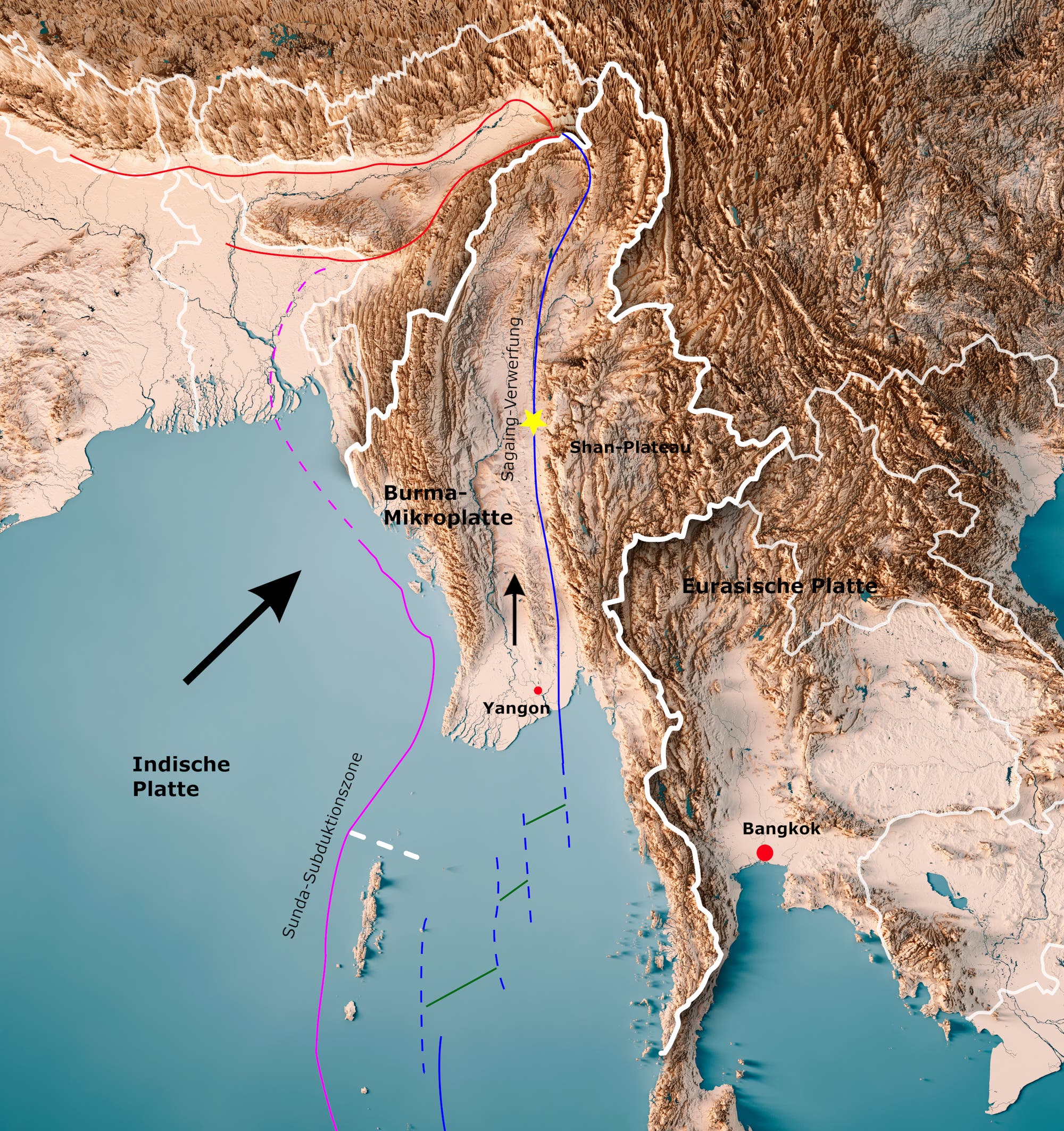 Karte der tektonischen Platten in Südostasien, die die Indische Platte, die Burma-Mikroplatte und die Eurasische Platte zeigt. Die Sunda-Subduktionszone ist als lila Linie markiert, die die Grenze zwischen der Indischen Platte und der Burma-Mikroplatte darstellt. Die Karte hebt die Sagaing-Verwerfung hervor, die durch eine gelbe Linie gekennzeichnet ist und sich durch Myanmar zieht. Wichtige Städte wie Yangon und Bangkok sind mit roten Punkten markiert. Pfeile zeigen die Bewegungsrichtung der Platten an. Die topografische Darstellung betont die Gebirgszüge und Täler der Region.