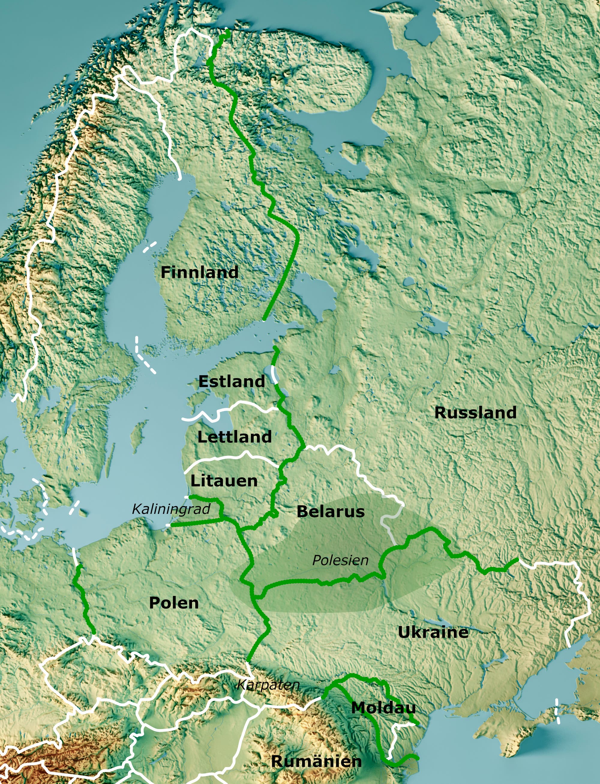 Karte von Nordosteuropa mit topografischen Details. Ländergrenzen sind hervorgehoben. Zu sehen sind Finnland im Norden, Estland, Lettland und Litauen entlang der Ostseeküste, sowie Polen, Belarus, Ukraine und Moldau im Süden. Russland erstreckt sich im Osten. Kaliningrad ist als russische Exklave zwischen Litauen und Polen markiert. Die Region Polesien ist in Belarus und der Ukraine hervorgehoben. Die Karpaten sind im Südwesten sichtbar.