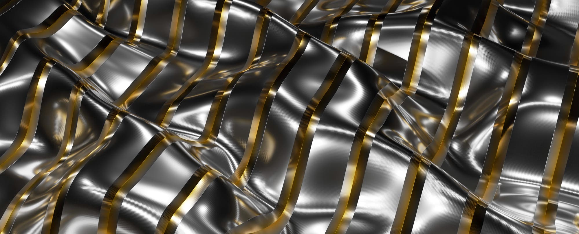 Eine 3-D-Darstellung zeigt eine wellenförmige Oberfläche mit metallischem Glanz. Die Oberfläche ist mit parallelen, goldfarbenen Streifen überzogen, die sich über die gesamte Struktur erstrecken. Die Kombination aus glänzendem Silber und Gold erzeugt einen dynamischen, futuristischen Effekt.
