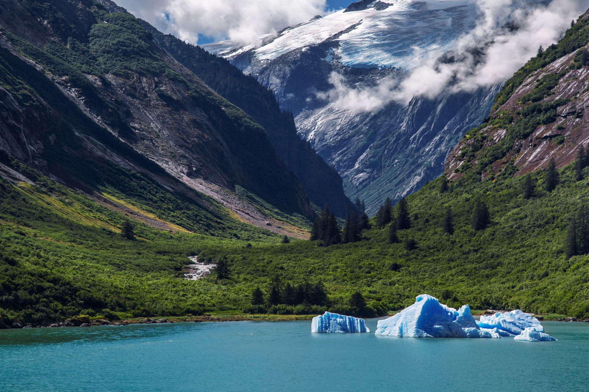 Eine malerische Landschaft mit einem türkisfarbenen See im Vordergrund, in dem mehrere blaue Eisberge schwimmen. Im Hintergrund erheben sich steile, bewaldete Berghänge, die zu einem schneebedeckten Gipfel führen, der teilweise von Wolken verdeckt ist. Ein kleiner Wasserfall fließt von den Bergen in den See. Die Szene vermittelt eine ruhige und majestätische Atmosphäre.