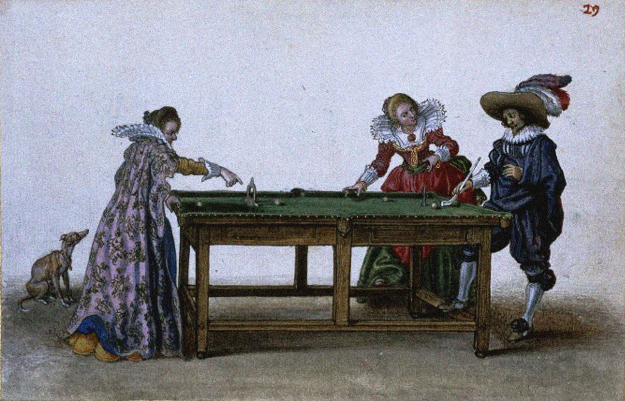 Drei Personen in historischer Kleidung spielen an einem Tisch ein Spiel, das einem frühen Billard ähnelt. Eine Frau zeigt auf den Tisch, während die andere Frau und ein Mann mit einem Queue spielen. Ein Hund sitzt neben dem Tisch. Die Szene vermittelt eine Atmosphäre des gesellschaftlichen Vergnügens im Stil des Barocks.