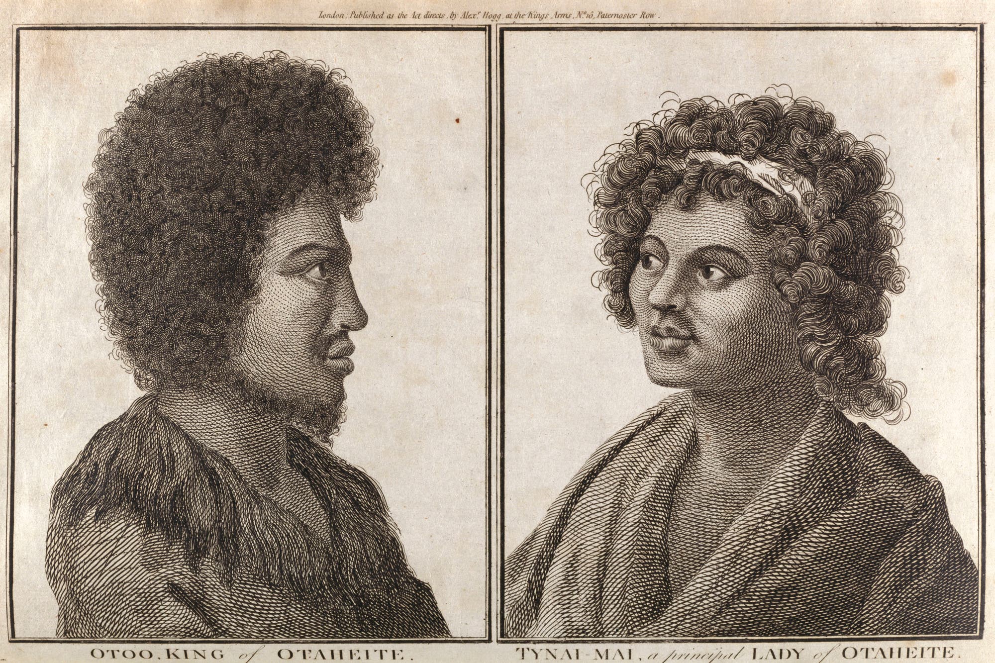Eine historische Skizze zeigt zwei Porträts nebeneinander. Links ist ein Mann im Profil abgebildet, rechts eine Frau in Frontalansicht. Beide tragen traditionelle Kleidung. Der Text unter den Bildern identifiziert die Personen als "Otoo, King of Otaheite" und "Tynai-Mai, a principal lady of Otaheite". Die Skizze ist detailliert und zeigt feine Linien und Schattierungen.