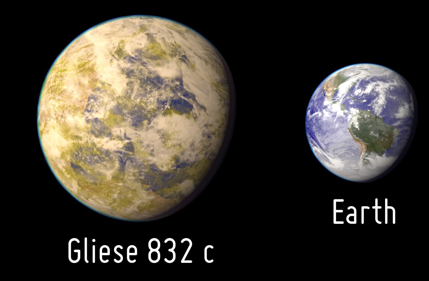 Exoplanet Gliese 832 c im Größenvergleich zur Erde