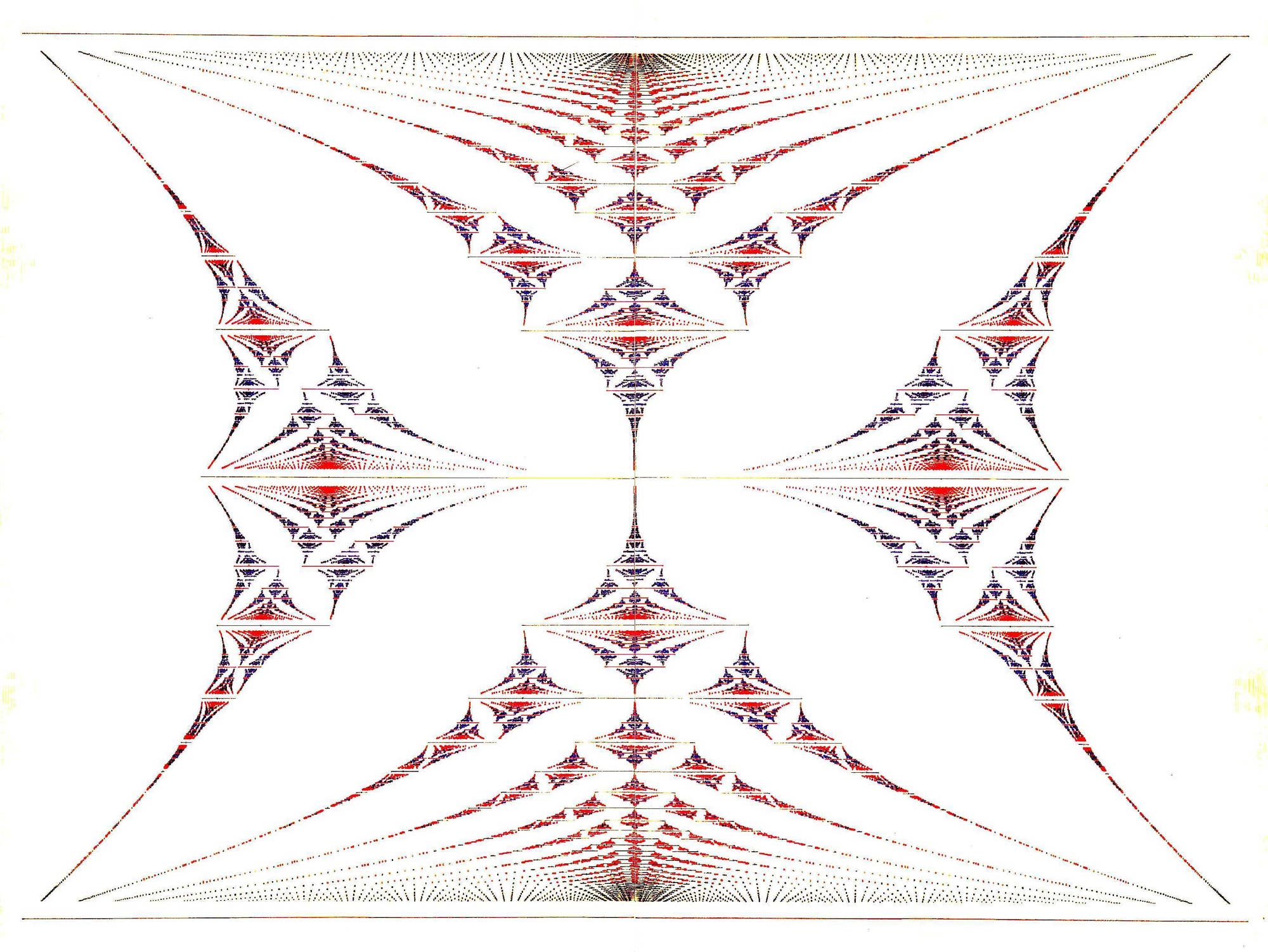 Eine symmetrische Skizze mit komplexen, geometrischen Mustern, die sich von der Mitte aus in alle Richtungen erstrecken. Die Formen bestehen aus wiederholten dreieckigen und rautenförmigen Elementen in Rot- und Blautönen, die ein kaleidoskopartiges Muster bilden. Die Linien sind fein und detailliert, was der Abbildung eine filigrane Struktur verleiht.
