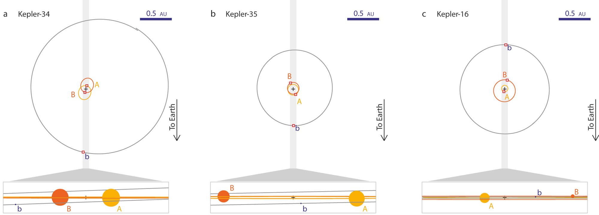 Die Exoplanetensysteme Kepler-34, -35 und -16 im Vergleich