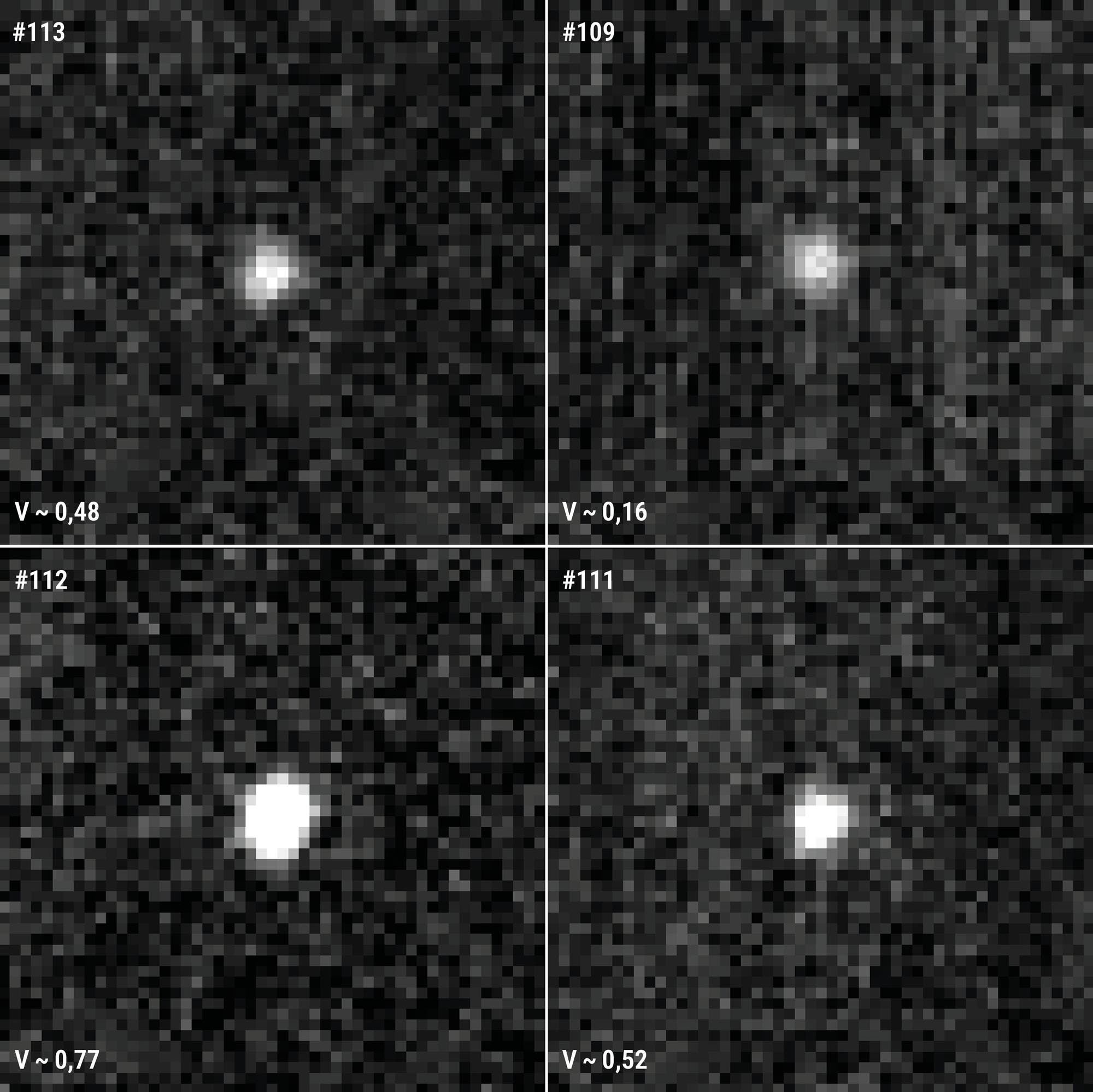 Vier schwarz-weiße, pixelige Bilder von Himmelskörpern, nummeriert mit #113, #109, #112 und #111. Jedes Bild zeigt einen leuchtenden Punkt vor einem körnigen Hintergrund. Die Helligkeitswerte sind angegeben: V~0,48 für #113, V~0,16 für #109, V~0,77 für #112 und V~0,52 für #111. Die Bilder scheinen astronomische Beobachtungen darzustellen.