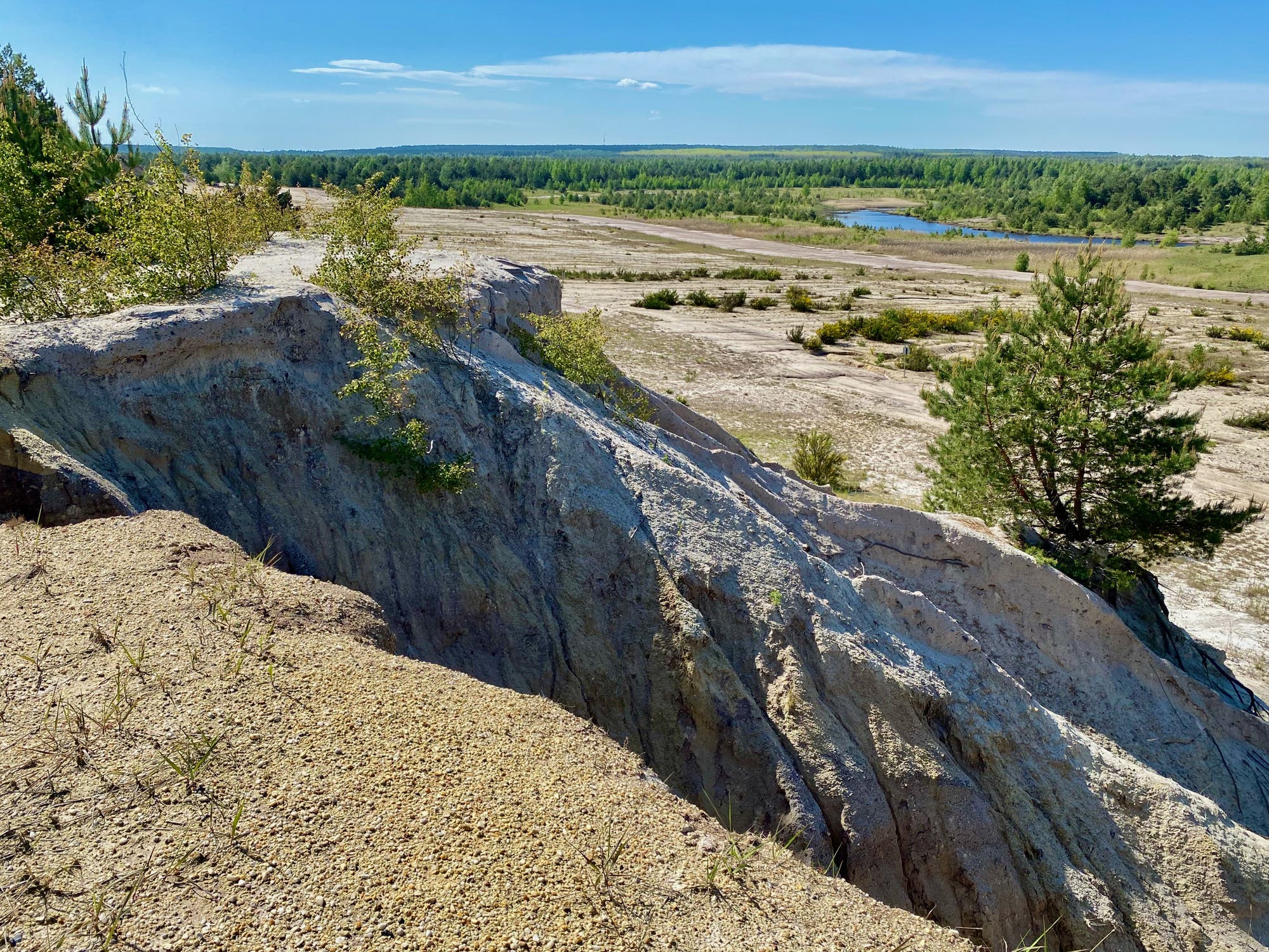 Eine klippenartige Abbruchkante im Vordergrund gibt den Blick auf eine weite Sandfläche frei, im Hintergrund ein Teich und Kiefernwälder.