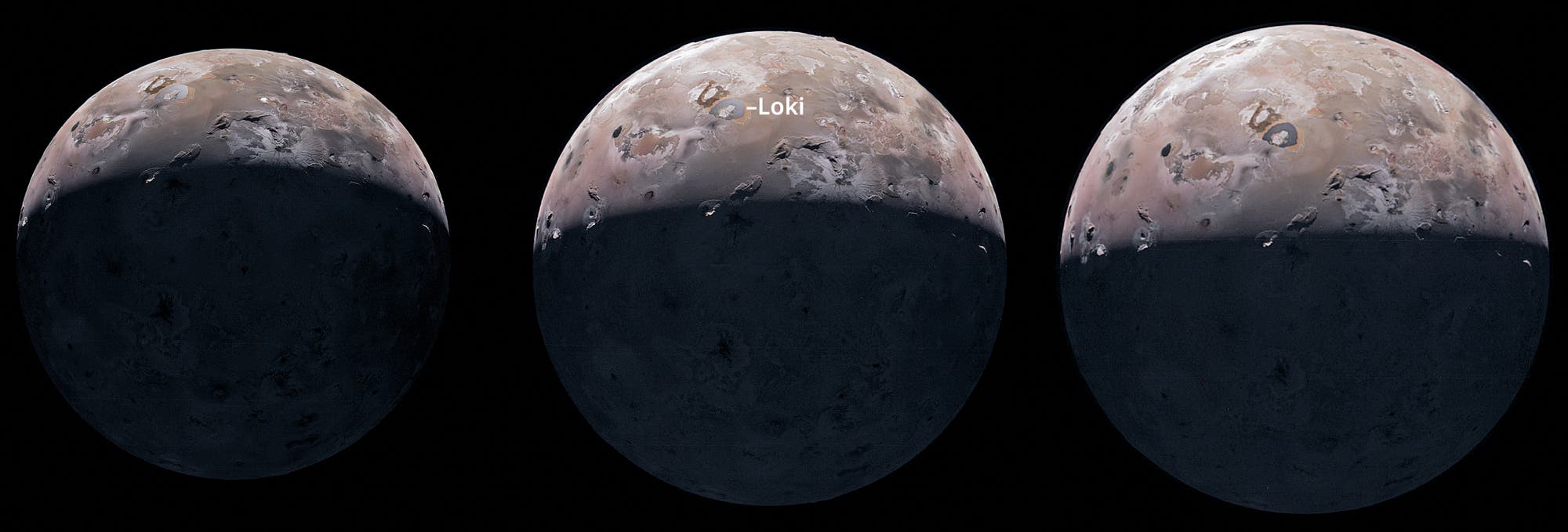 Drei Ansichten von Io auf den Vulkan Loki mit seinem glänzenden Lavasee