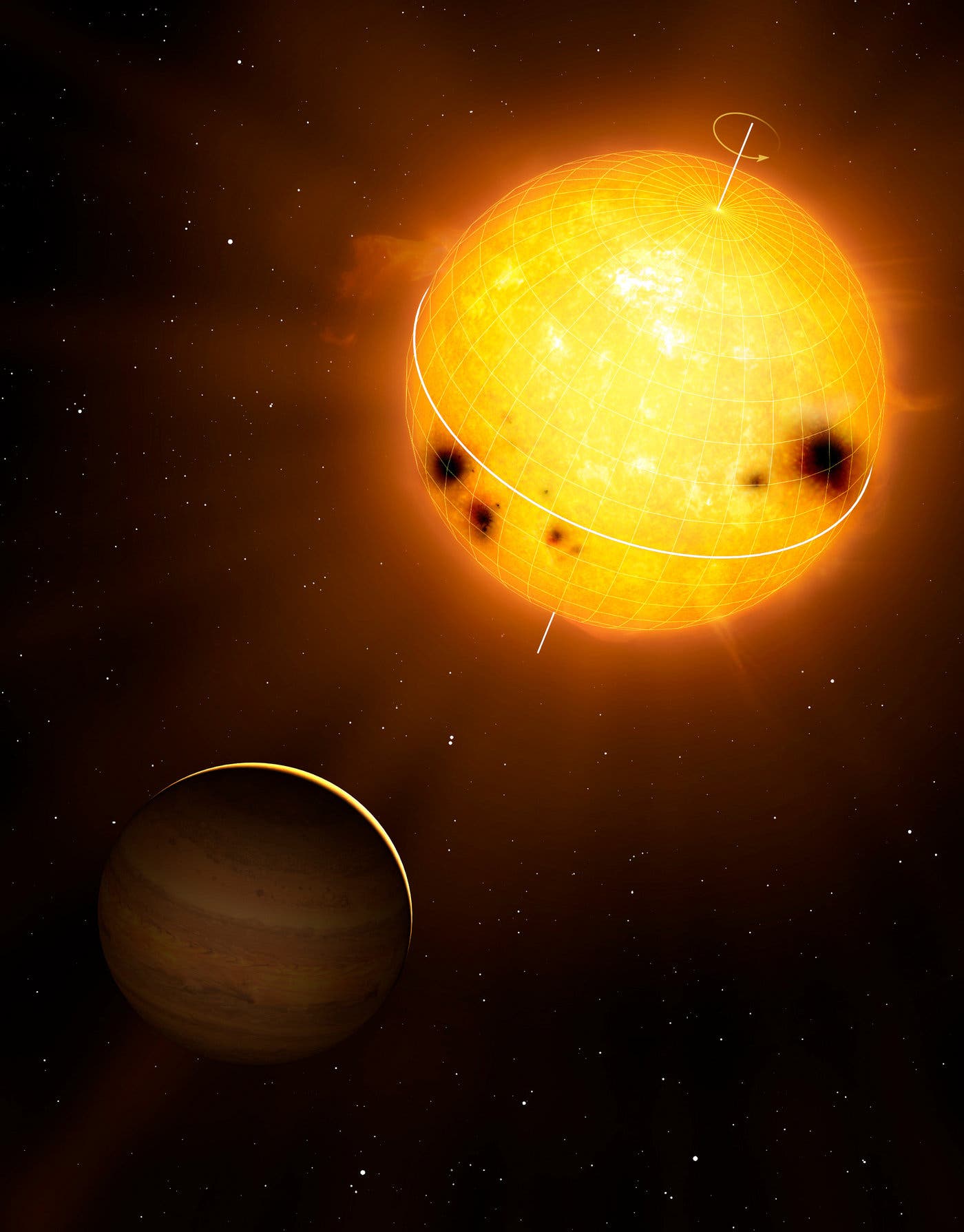 Exoplanet HD 52265 im Umlauf um sein Zentralgestirn (Computergrafik)