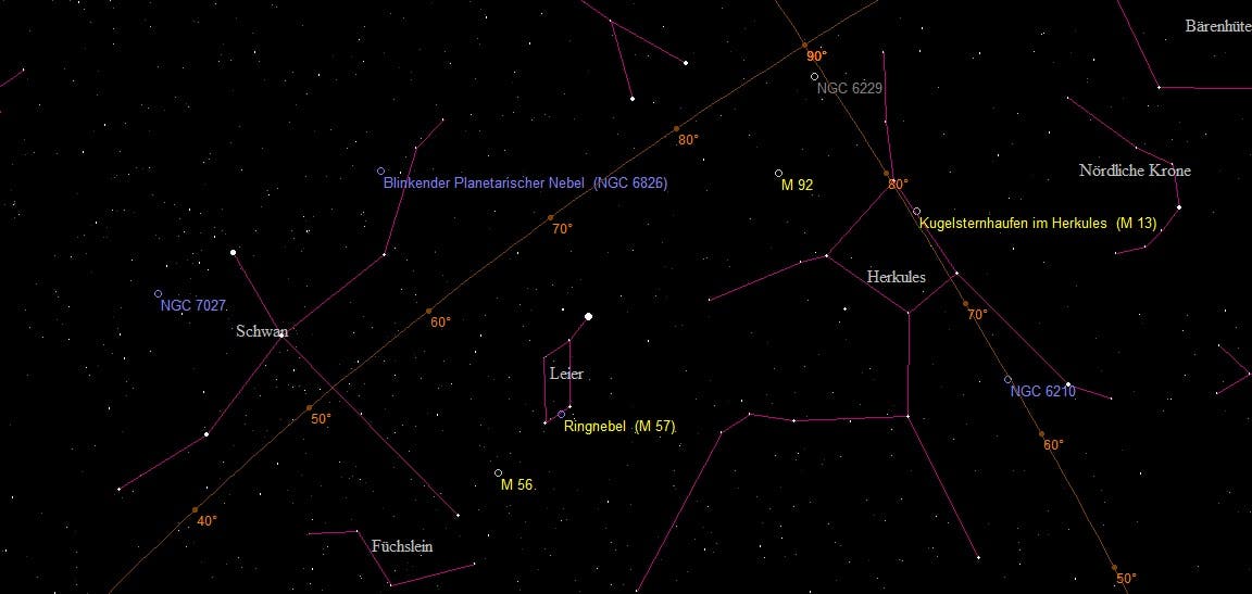 Übersichtskarte für die Region um die Sternbilder Herkules bis Schwan