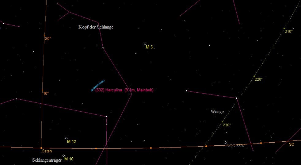 Die Bahn des Asteroiden (532) Herculina im Sternbild Kopf der Schlange