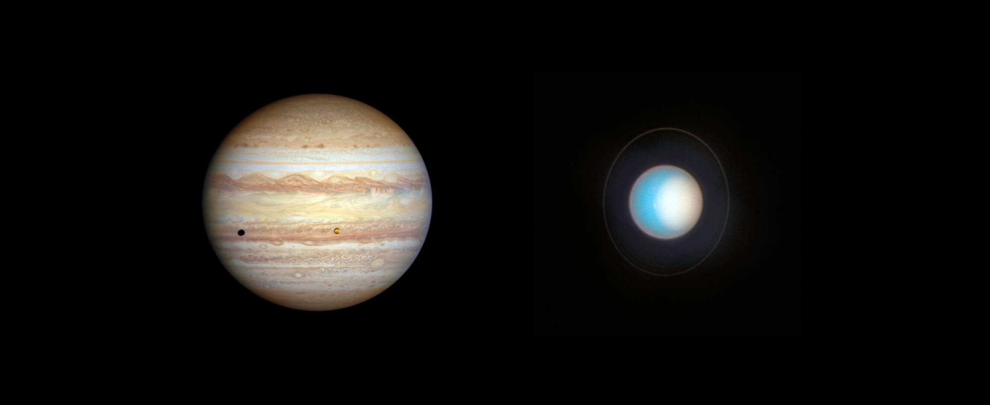 Bilder von Jupiter und Uranus nebeneinander montiert.