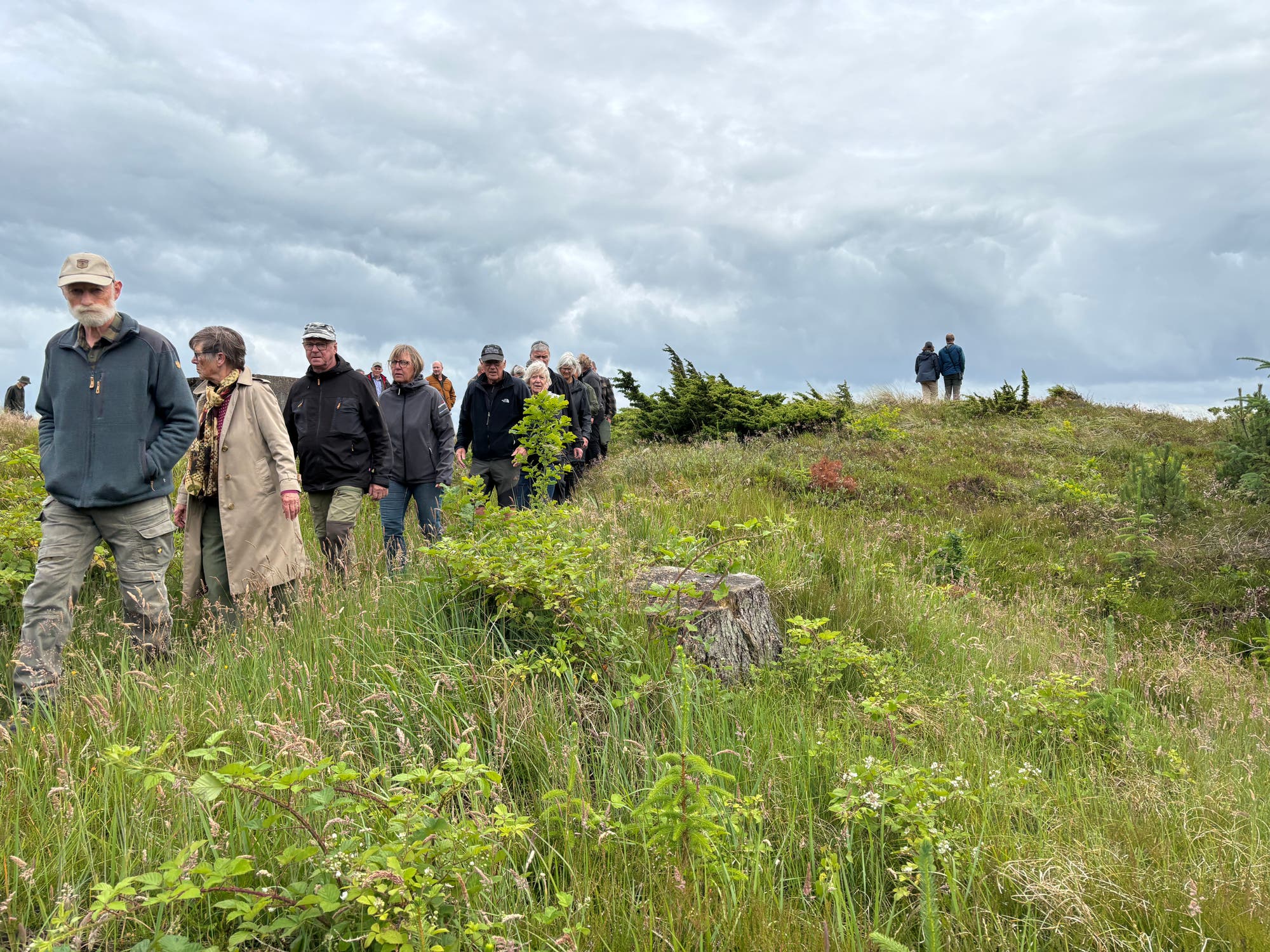 Eine Gruppe von Menschen wandert über eine grüne, hügelige Landschaft unter einem bewölkten Himmel. Die Personen tragen wetterfeste Kleidung und gehen in einer Reihe. Im Vordergrund sind Gräser und kleine Büsche zu sehen, während im Hintergrund weitere Personen auf einem Hügel stehen. Die Szene vermittelt einen Eindruck von Natur und Gemeinschaft.