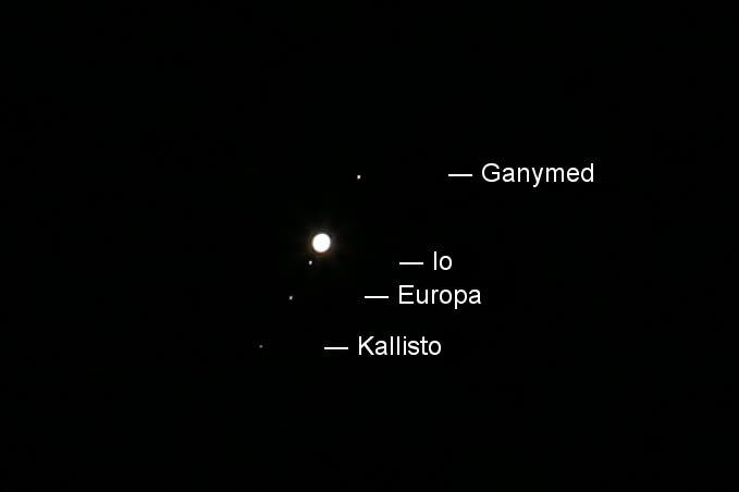 Anblick Jupiters und seiner Galileischen Monde im Fernglas