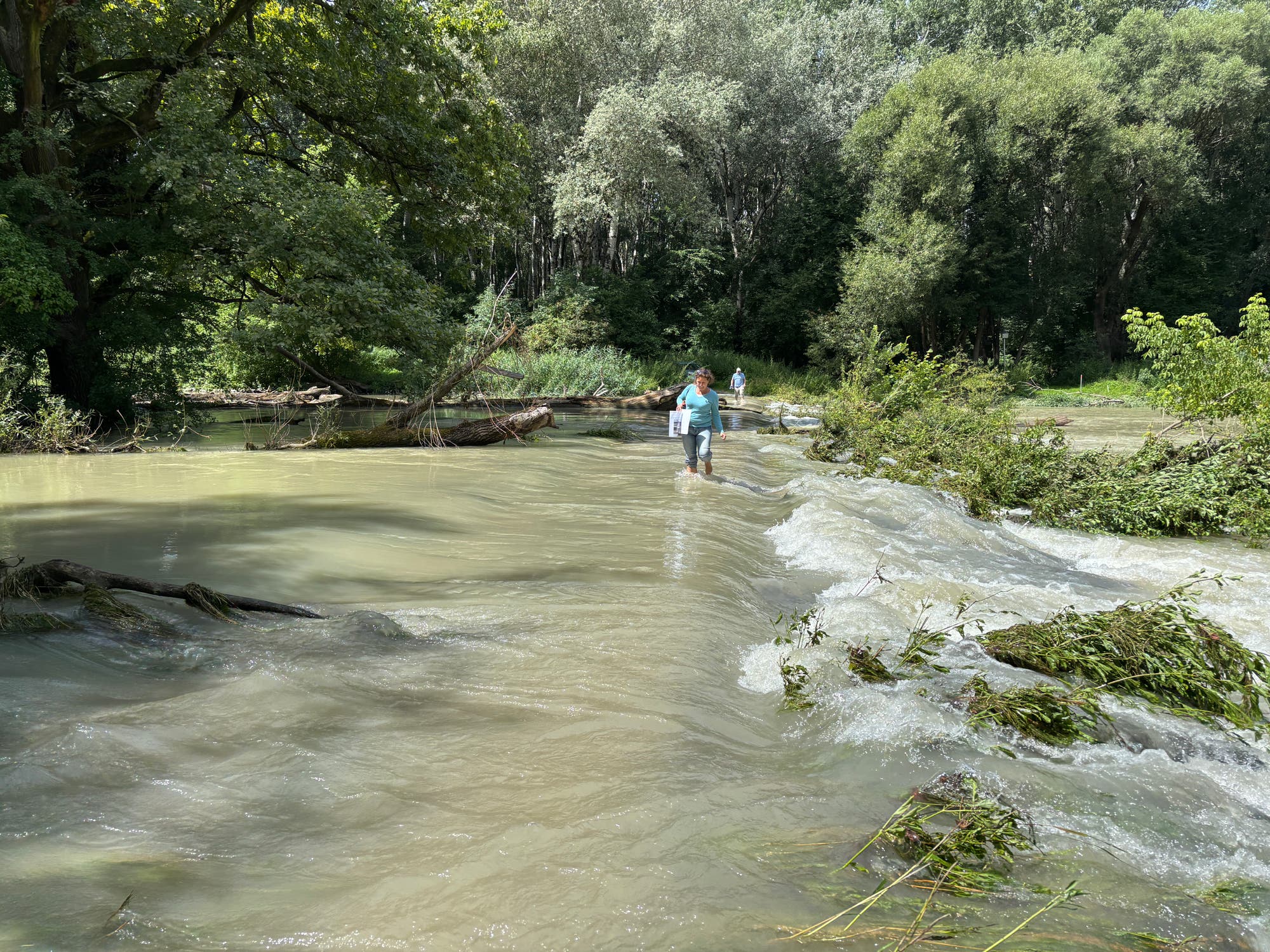 Eine Person geht durch flaches, fließendes Wasser in einem bewaldeten Gebiet. Der Fluss ist von üppigem Grün und Bäumen umgeben. Die Person trägt eine blaue Jacke und hält eine weiße Tasche. Im Hintergrund ist eine weitere Person zu sehen, die ebenfalls durch das Wasser watet. Die Szene vermittelt ein Gefühl von Natur und Abenteuer.