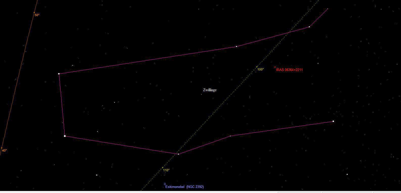 Aufsuchkarte für den Stern Stern IRAS 06364+2211 im Sternbild Zwillinge