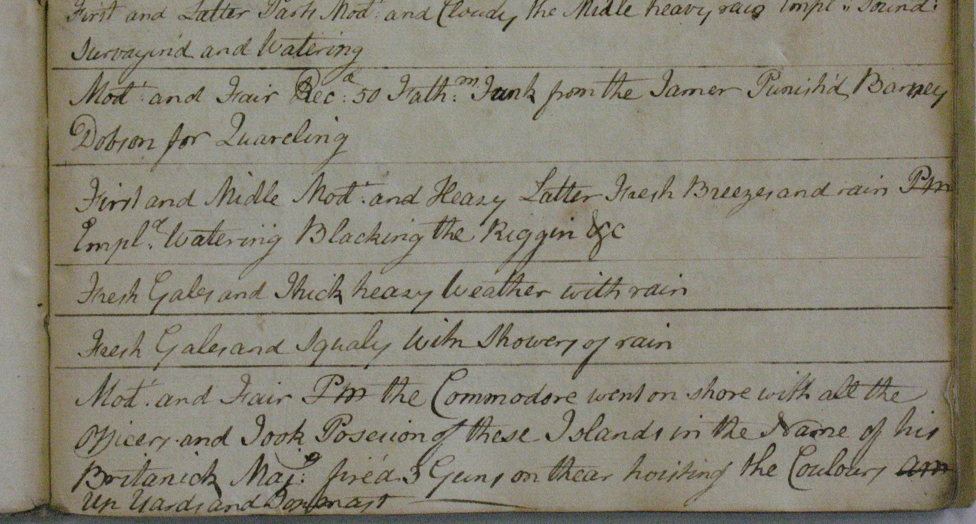 Eine handgeschriebene Seite aus dem Logbuch eines britischen Schiffs aus dem 18. Jahrhundert, der »HMS Dolphin«. Der Text beschreibt Wetterbedingungen wie Regen und Wind. 