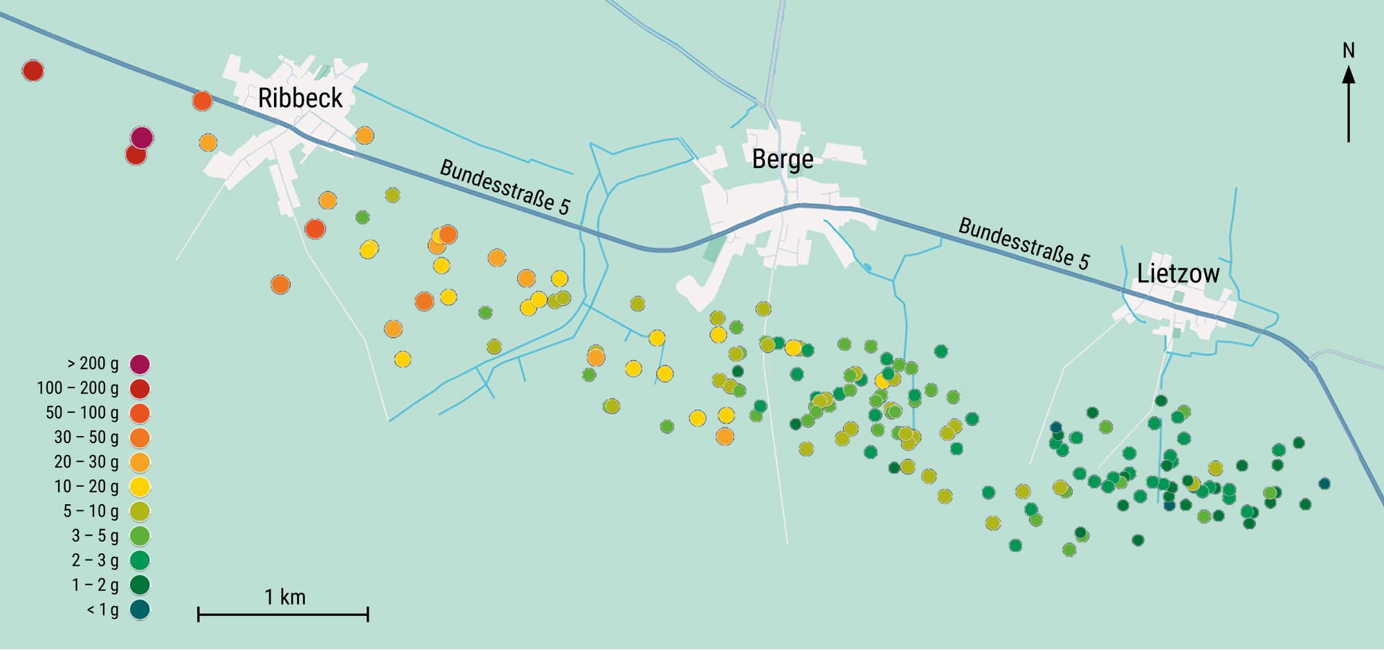 Die Verteilung aller Funde vom Ribbeck-Meteoriten in Brandenburg.