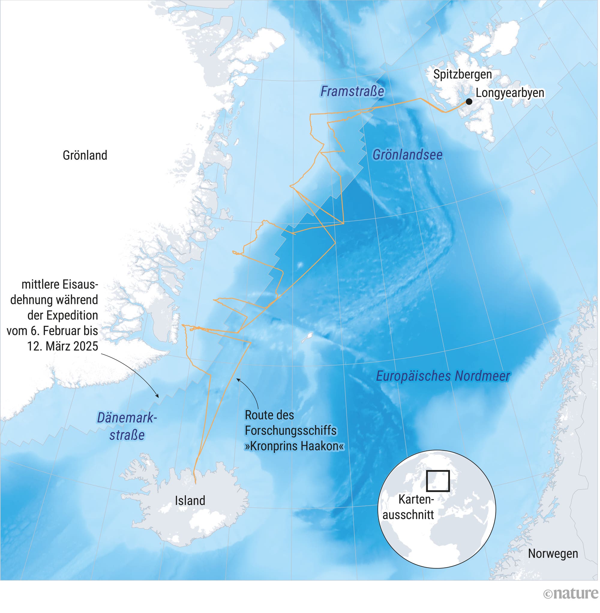 Karte der Arktis, die die Route des Forschungsschiffs »Kronprins Haakon« zeigt. Die Route verläuft von Island durch die Dänemarkstraße, entlang der grönländischen Küste, durch die Framstraße bis nach Svalbard. Die Karte hebt die mittlere Eisausdehnung während der Expedition vom 6. Februar bis 12. März hervor. Wichtige geografische Punkte wie Grönland, Island und das Grönlandmeer sind markiert. Ein vergrößerter Bereich zeigt die globale Position der Route.