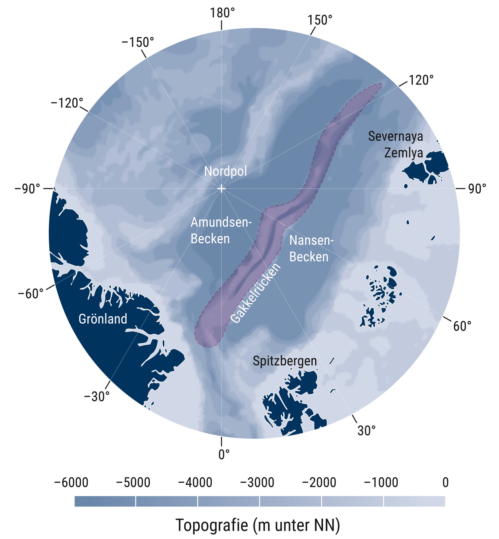 eine Karte zeigt die Gegend um den Nordpol mit Meerestiefen. 