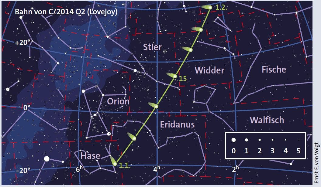 Bahn des Kometen vom 1. Januar 2015 bis zum 1. Februar