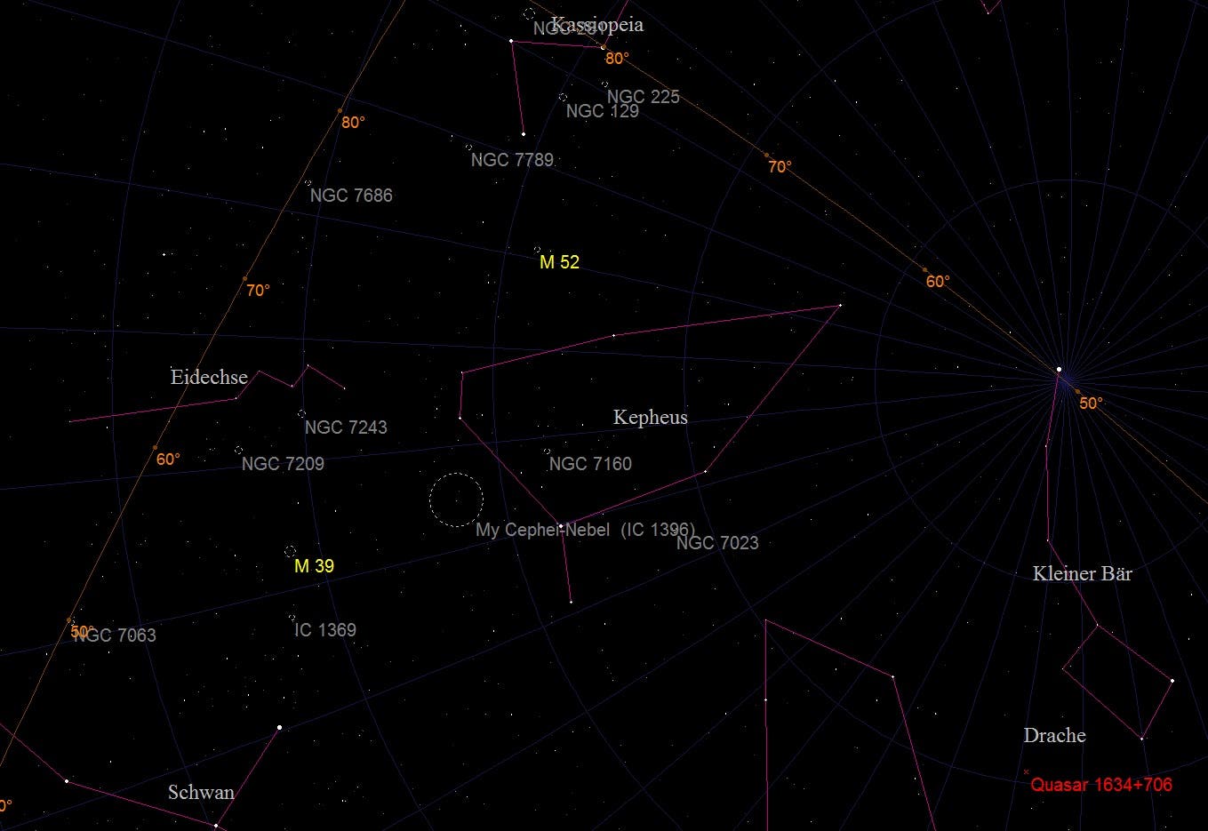 Aufsuchkarte für die offenen Sternhaufen Messier 39 und 52