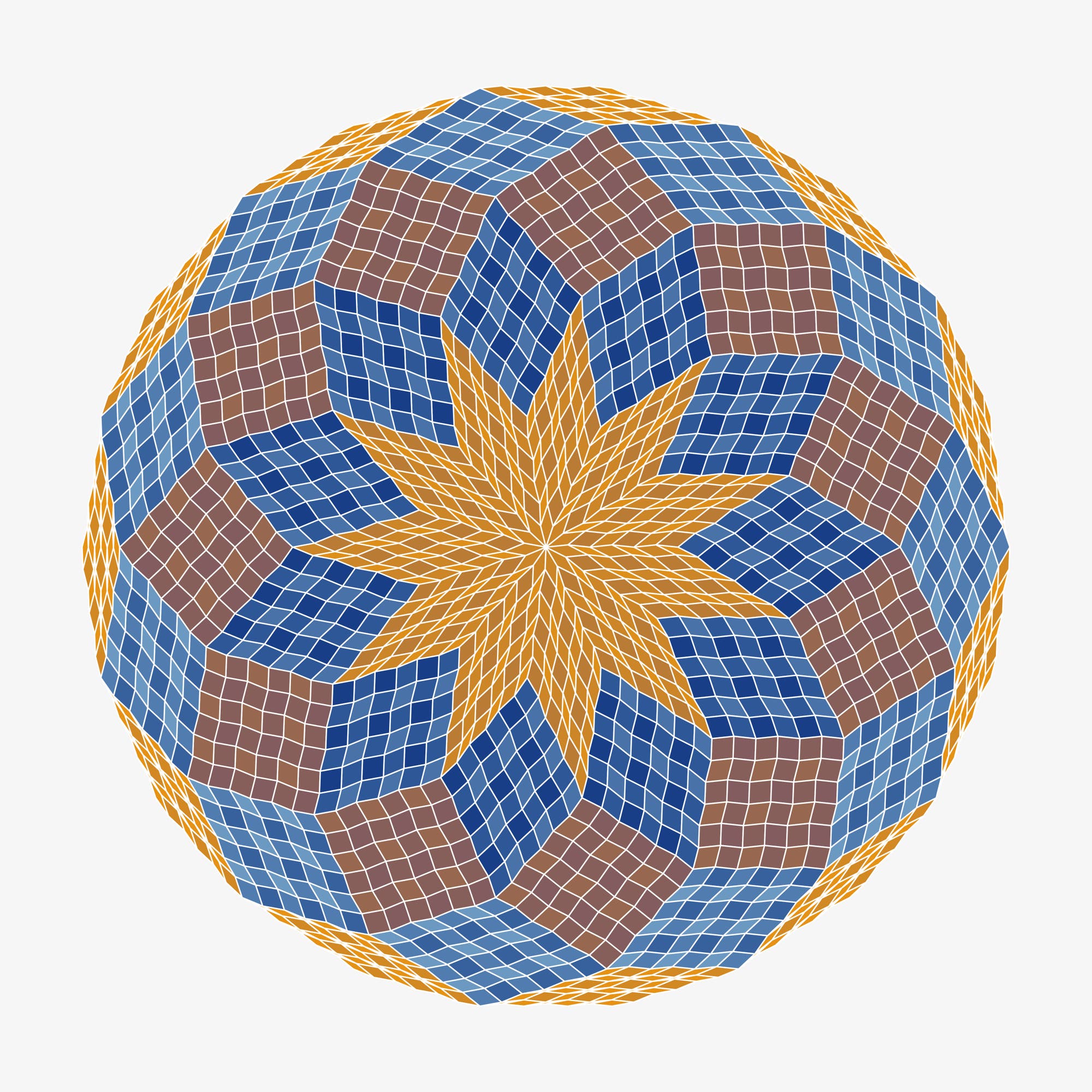 Eine geometrische Kunstabbildung zeigt ein komplexes, symmetrisches Muster in Form eines Dodekaeders. Die Oberfläche ist mit blauen, braunen und goldenen Kacheln bedeckt, die ein sternförmiges Design in der Mitte bilden. Die Kacheln sind in einem regelmäßigen, sich wiederholenden Muster angeordnet, das einen dreidimensionalen Effekt erzeugt. Das Bild vermittelt ein Gefühl von mathematischer Präzision und ästhetischer Harmonie.