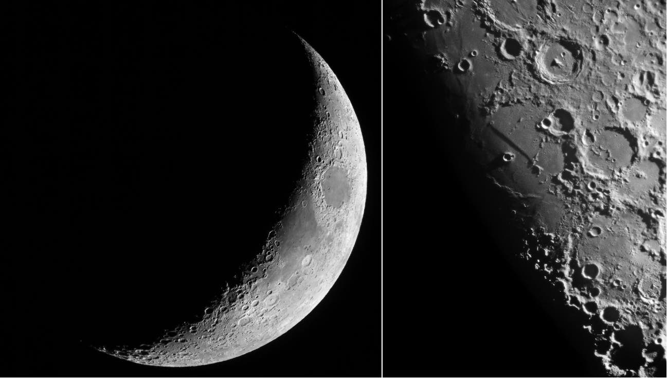 Eine wissenschaftliche Abbildung zeigt zwei Ansichten des Mondes. Links ist eine schmale Mondsichel zu sehen, die von rechts nach links verläuft. Die Oberfläche ist mit Kratern und Unebenheiten übersät. Rechts ist eine Nahaufnahme der Mondoberfläche mit detaillierten Kratern und Schatten, die die topografischen Merkmale hervorheben. Der Hintergrund ist schwarz, was den Kontrast zur beleuchteten Mondoberfläche verstärkt. Schlüsselwörter: Mond, Mondsichel, Krater, Astronomie.