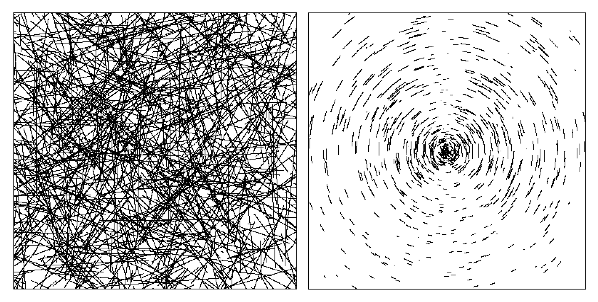 neben zahlreichen Rillen in einer Computersimulation ein zweites Bild mit nur einigen kreisförmigen Abschnitten, die bei der Reflexion einer Punktlichtquelle zu sehen sind