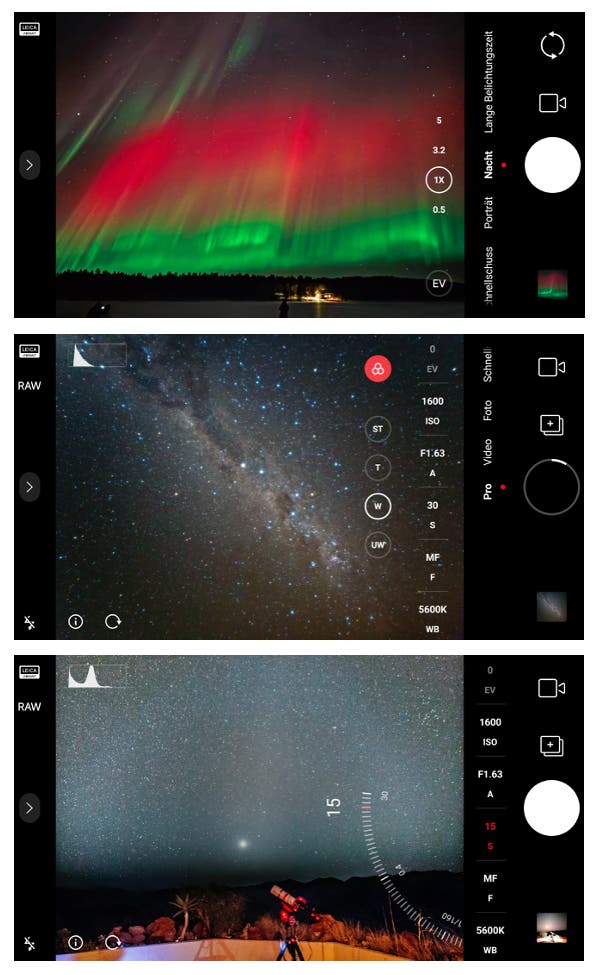 Drei astronomische Bilder, die jeweils den Nachthimmel zeigen. Das erste Bild zeigt ein beeindruckendes Nordlicht in Rot- und Grüntönen über einem dunklen Horizont. Das zweite Bild zeigt die Milchstraße, die sich als leuchtendes Band aus Sternen über den Himmel erstreckt. Das dritte Bild zeigt einen klaren Sternenhimmel mit einem Teleskop im Vordergrund, das auf den Himmel gerichtet ist. Jedes Bild enthält Kameraeinstellungen wie ISO, Belichtungszeit und Weißabgleich auf der rechten Seite.