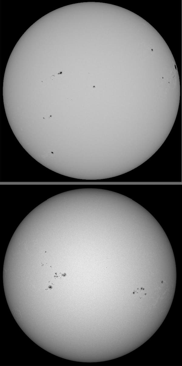 Dos imágenes astronómicas del Sol que muestran manchas solares. La imagen superior muestra una cantidad menor de manchas solares, mientras que la imagen inferior muestra un grupo más grande de manchas solares. Ambas imágenes están en escala de grises y resaltan las manchas solares oscuras en la brillante superficie del sol. Las imágenes ilustran el cambio en la actividad solar.