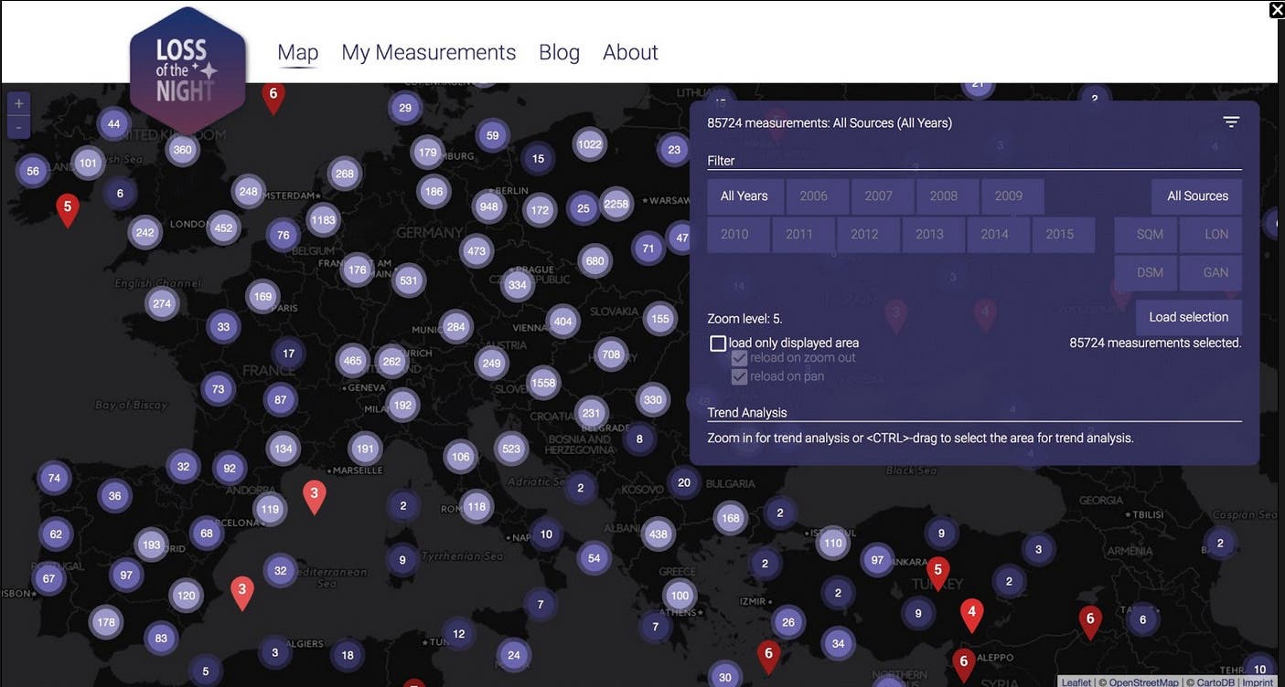 Zoombare Karte von Messungen der Lichtverschmutzung