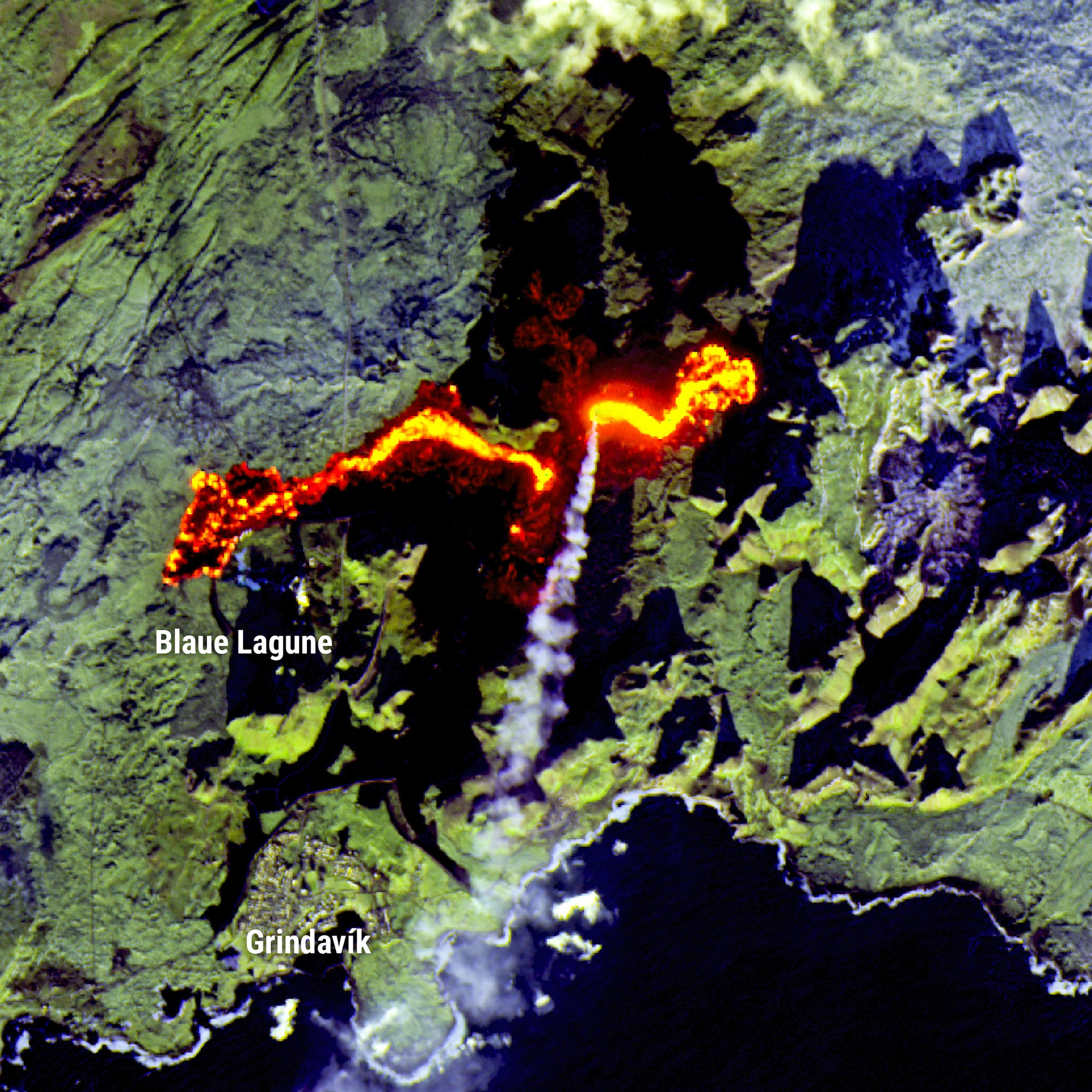 Satellitenbild des Lavastroms auf der Reykjanes-Halbinsel.