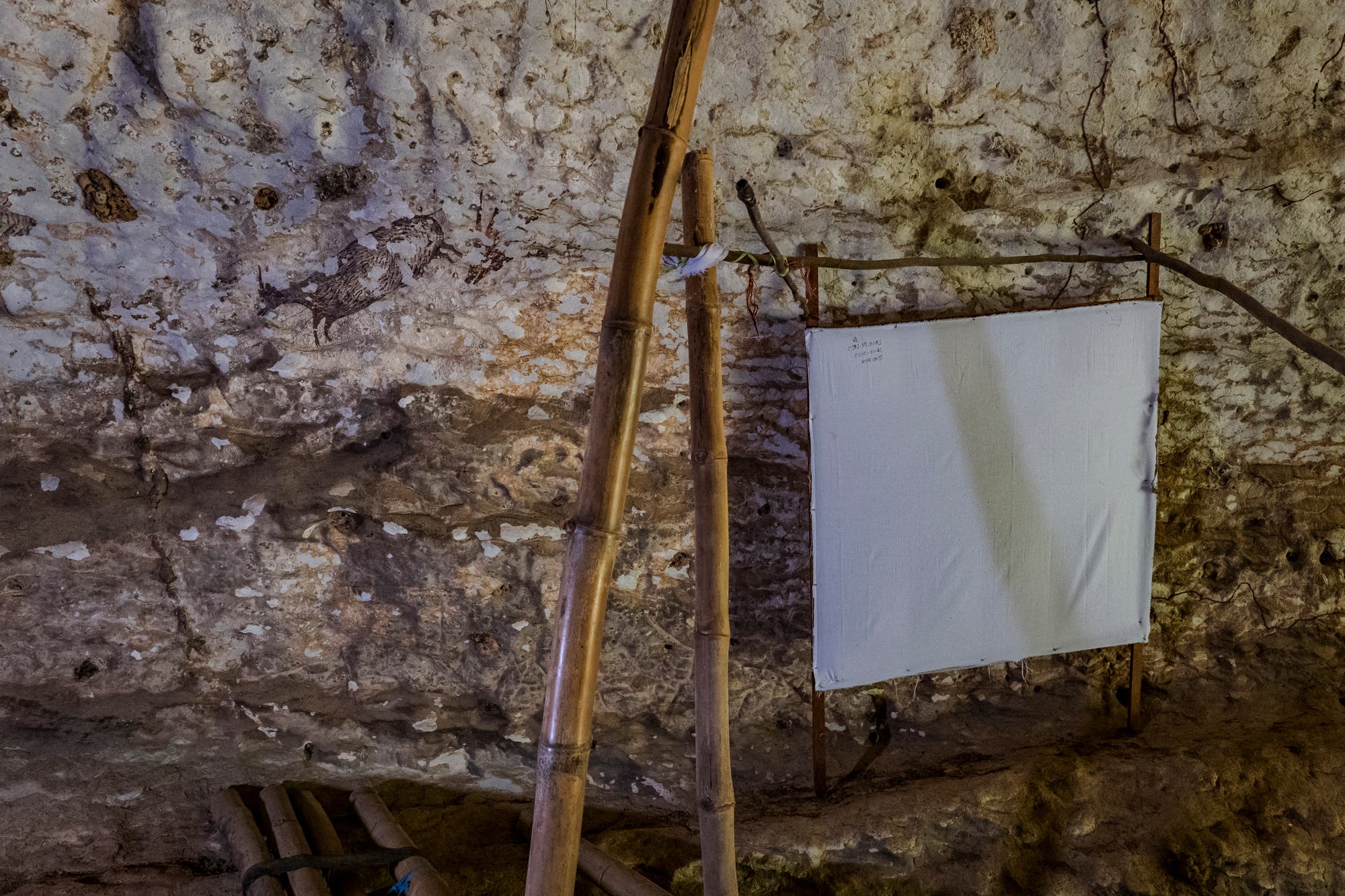 Die Fachleute haben eine Leinwand in einer Höhle von Bulu’ Sipong 4 aufgespannt. Auf der Behelfskonstruktion soll sich Staub sammeln.