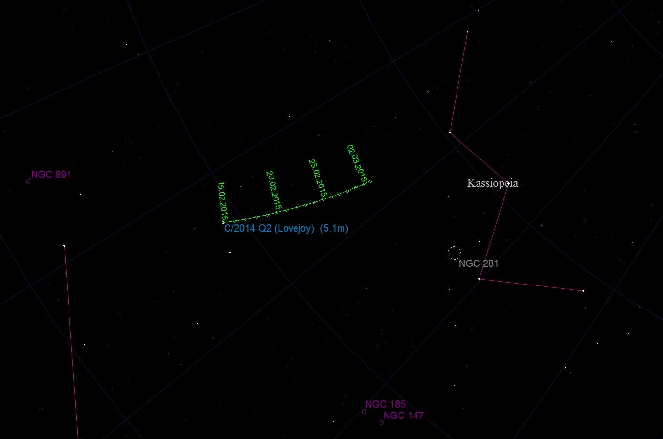 Aufsuchkarte für den Kometen Lovejoy in der zweiten Februarhälfte